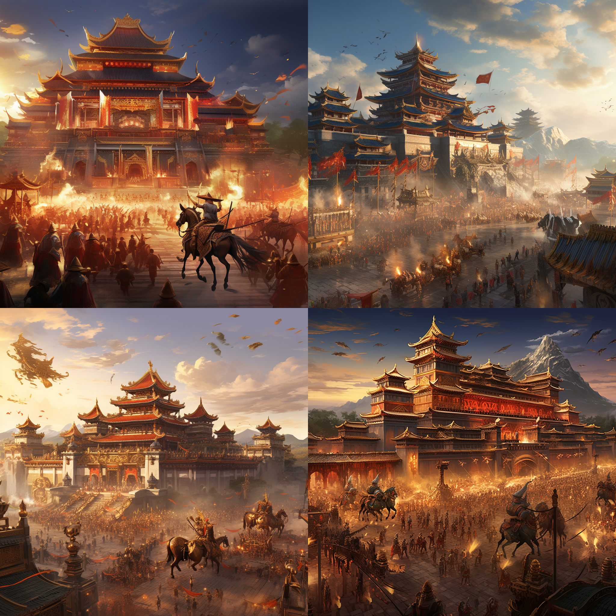 中国古风，背景为恢弘的宫殿，战火纷飞，金戈铁马，大气的古风战争场面，细节满满的游戏风格场景，氛围感，中间预留出放产品的位置