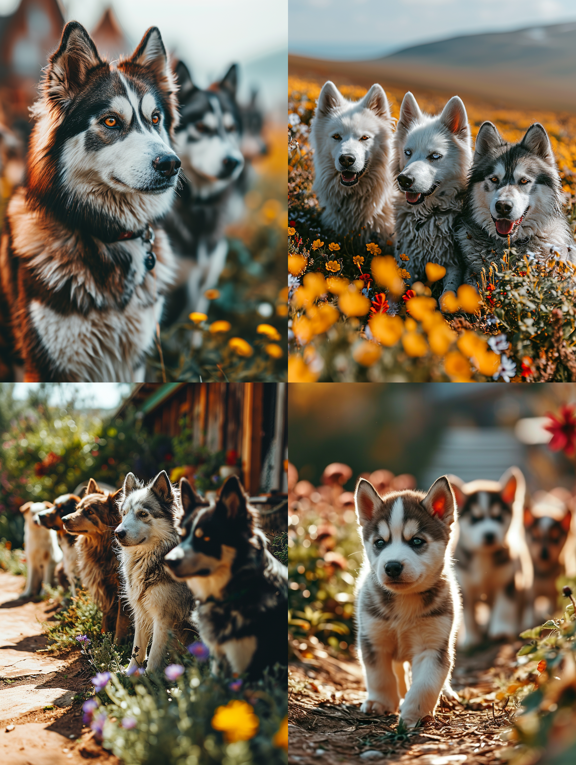 一群可爱的小哈士奇狗在一处空草地上打闹嘻戏！专业动物摄影，佳能高端相机专业摄影，中景镜头，周边是长满野花，长满野花的木板房子，呆萌可爱，古灵精怪，可笑，阳光光线，野外真实光线，超写实，现实风格，8k超高清画质