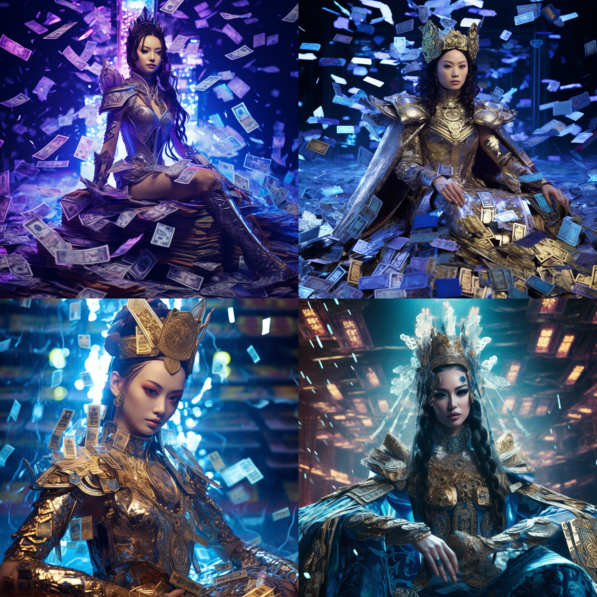 美丽的中国女王，黄金战甲，元宝钞票雨飘洒，地上都是金钱钞票，背景令人惊叹，电脑屏幕，淡蓝光辉，紫色电线交织，影子映衬，内部控制电路，顶级模型，看着观众，时装秀摄影，内部彩色led灯，超现实，8k，体积光，极其详细，复杂，对称，动态tsutomu nihei 的姿势超写实，令人惊叹的照片