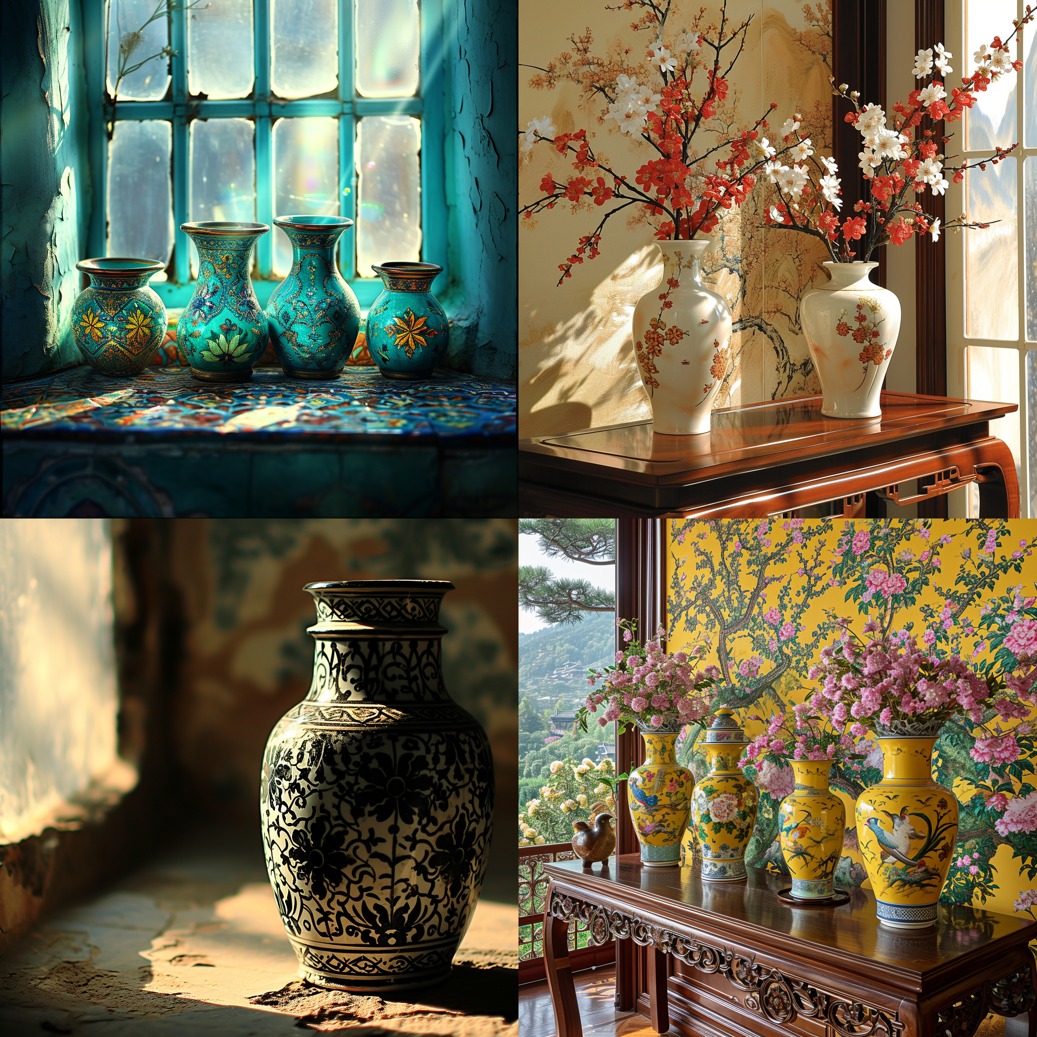 古董花瓶，精致的陶瓷艺术品，摆放在红木桌上，背景是柔和的壁纸。透过窗户，阳光洒在花瓶上，营造出温暖的氛围。画面呈现细腻的绘画风格，利用广角镜头突出花瓶的纹理和细节。浓郁的色彩和明暗对比增加了戏剧感，唤起观者的怀旧情感。