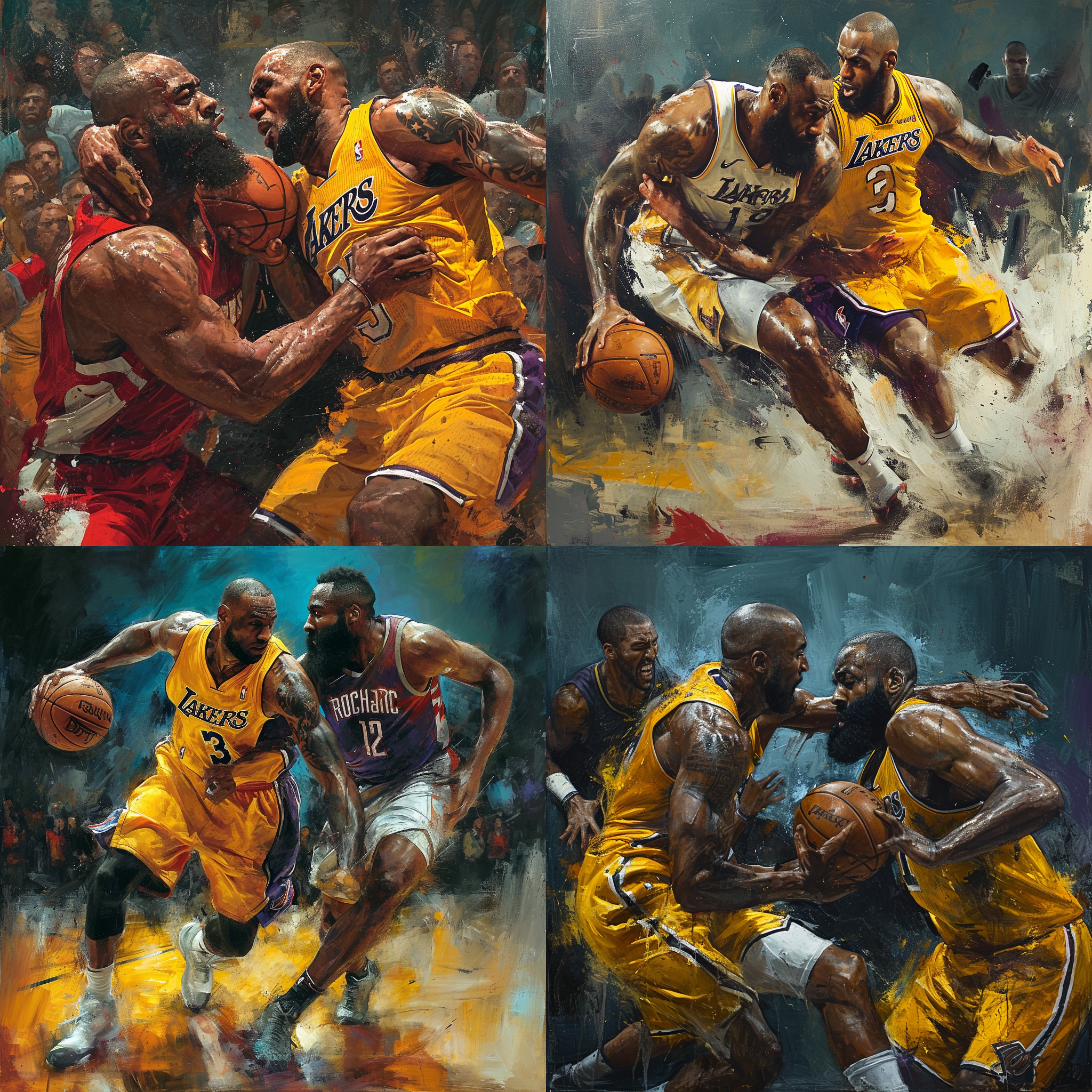 科比肘击詹姆斯，格林拳打库里，字母哥垫脚欧文，哈登用胡子攻击交警。高速运动，充满力量的动作，紧张的氛围，明亮的灯光，广角镜头，饱和的色彩，细腻的细节，戏剧性的构图，真实的表情，激烈的竞技场景。