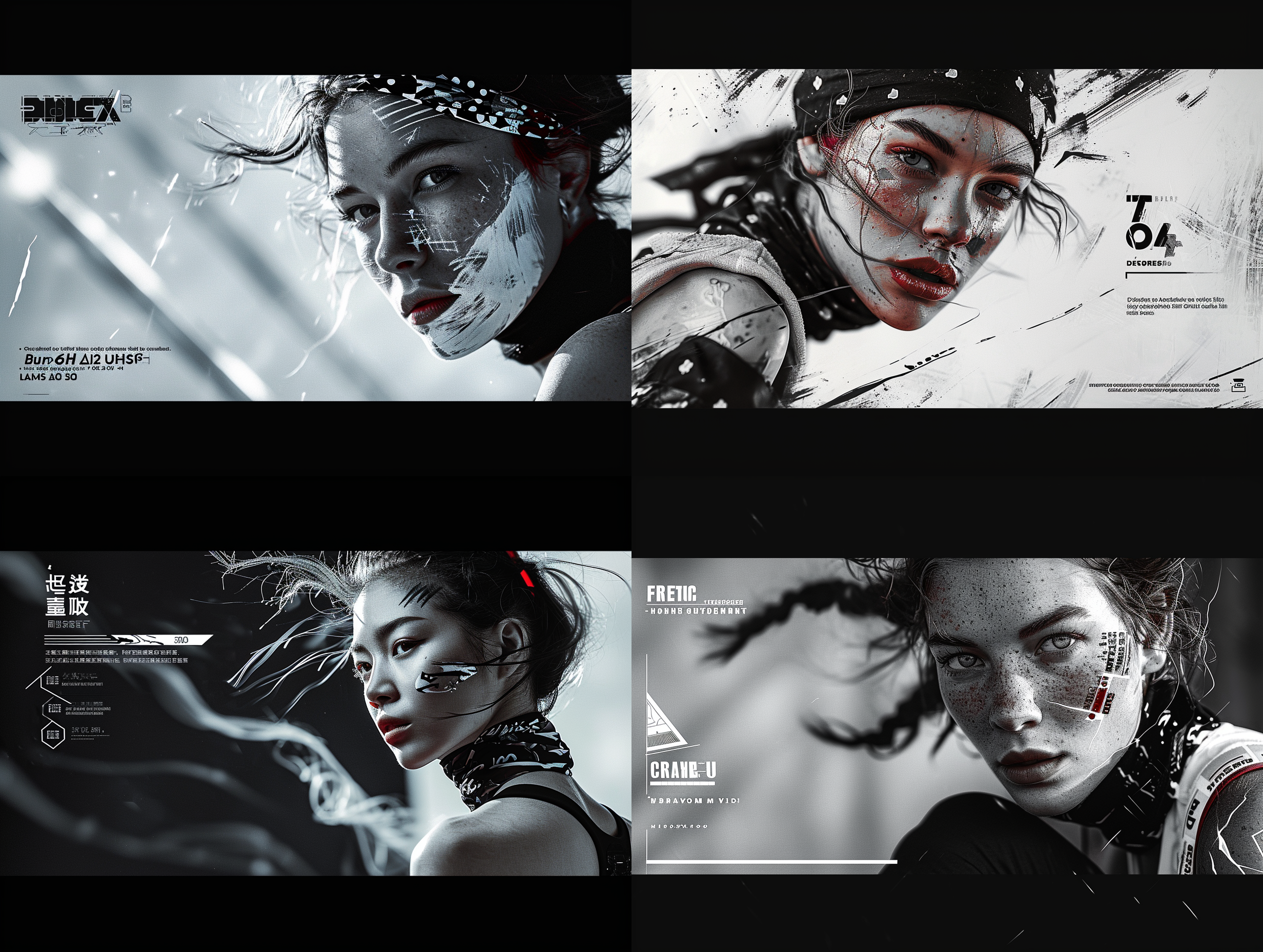 风格化人物肖像，黑白照片，高对比度，抽象背景，近距离拍摄，长焦镜头，明亮光线，动态姿势，纹理丰富，活力四溢，快门速度快，色彩鲜明，自然表情。 创风格 未来主义