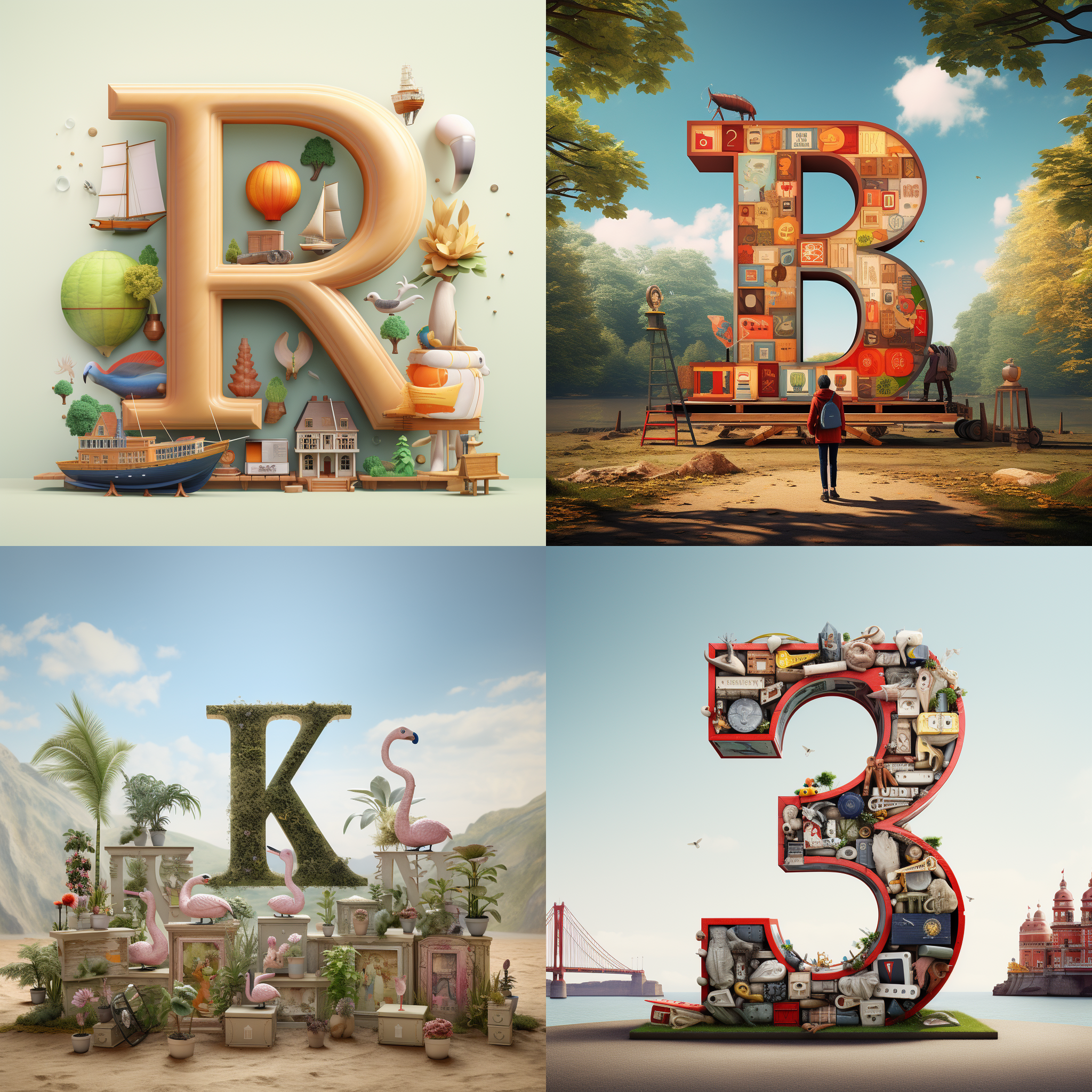 用二十六个英文字母做字母画 8k 展示所有26个英文字母， 有创意 环保主题 