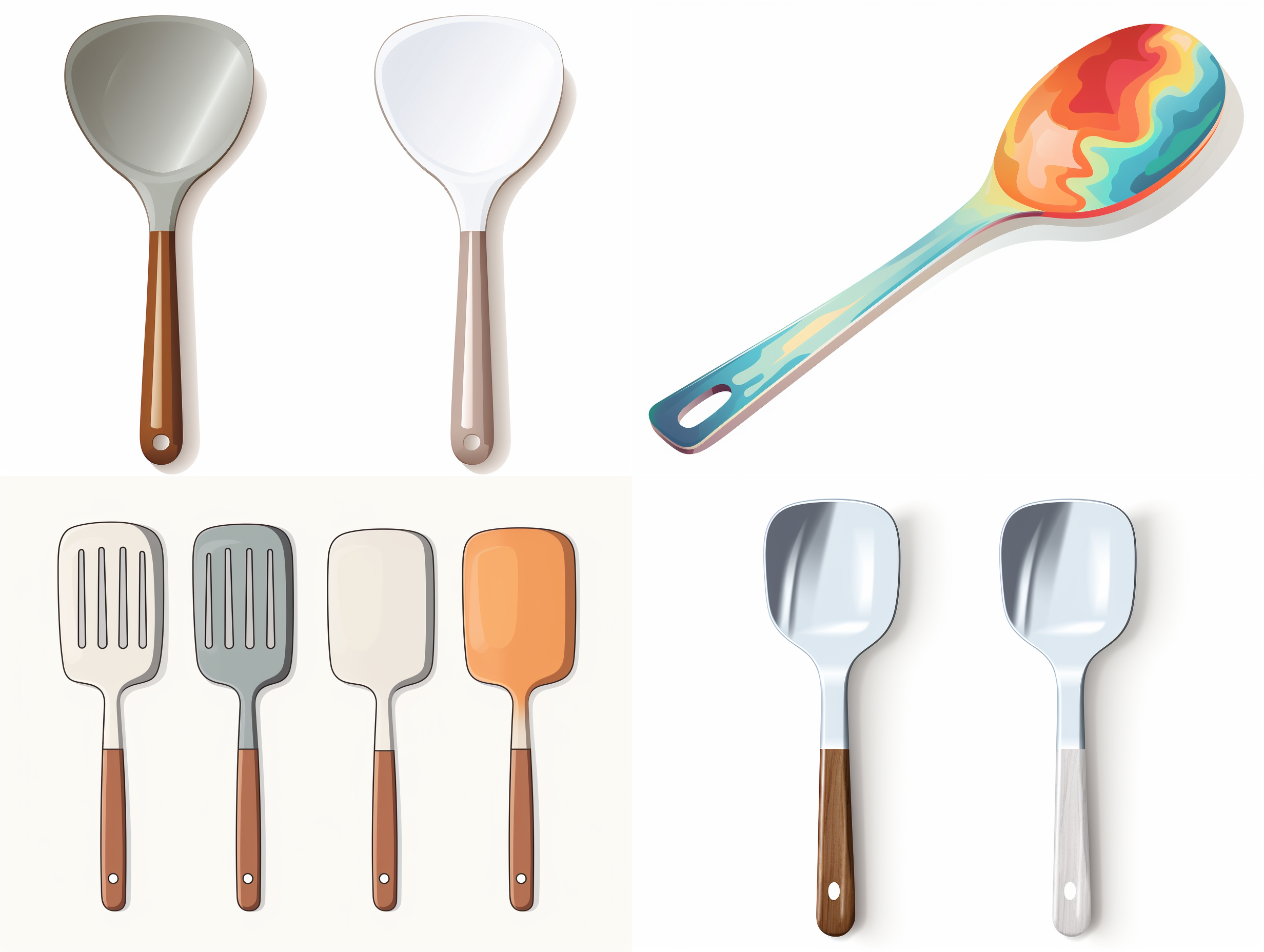 不锈钢锅铲，矢量图形，配色简单，白色背景，等构。