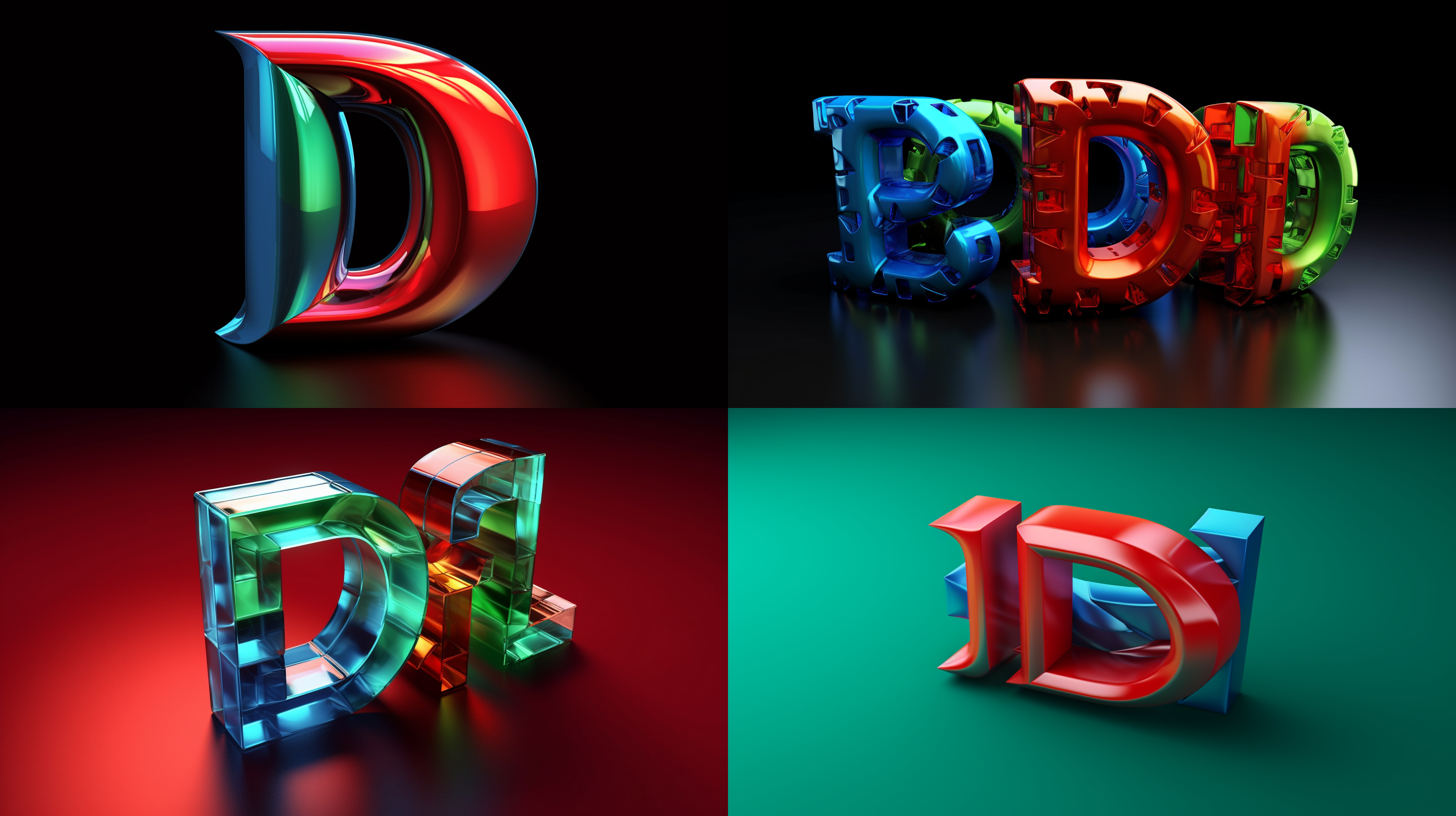 以“dradim3d" 字母设计一组logo, 极简主义风格， 字母数字logo设计， 矢量图形，红绿蓝三解组合，高度艺术感，顶级8k清晰度，16：9比例