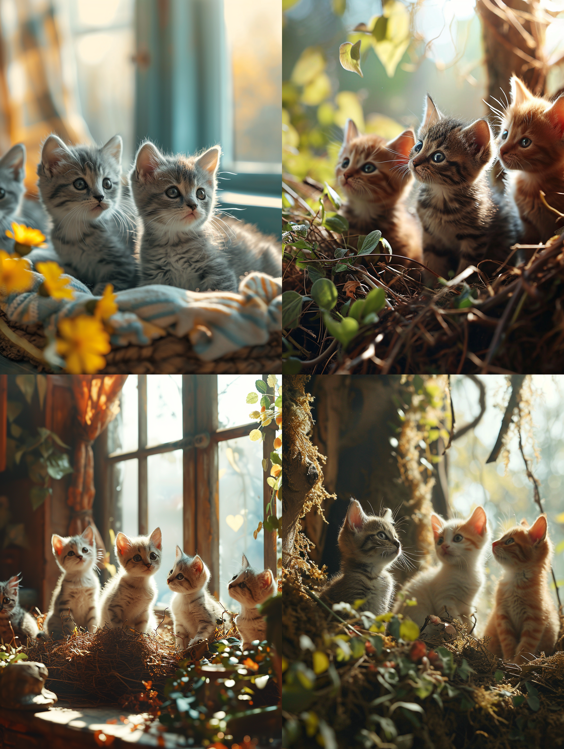 一群可爱的小花猫猫咪蹲在猫窝里睁着好奇，惊讶的眼神看着什么！软萌可爱，古灵精怪，可笑，阳光光线，室内真实光线，写实，现实风格，超高清