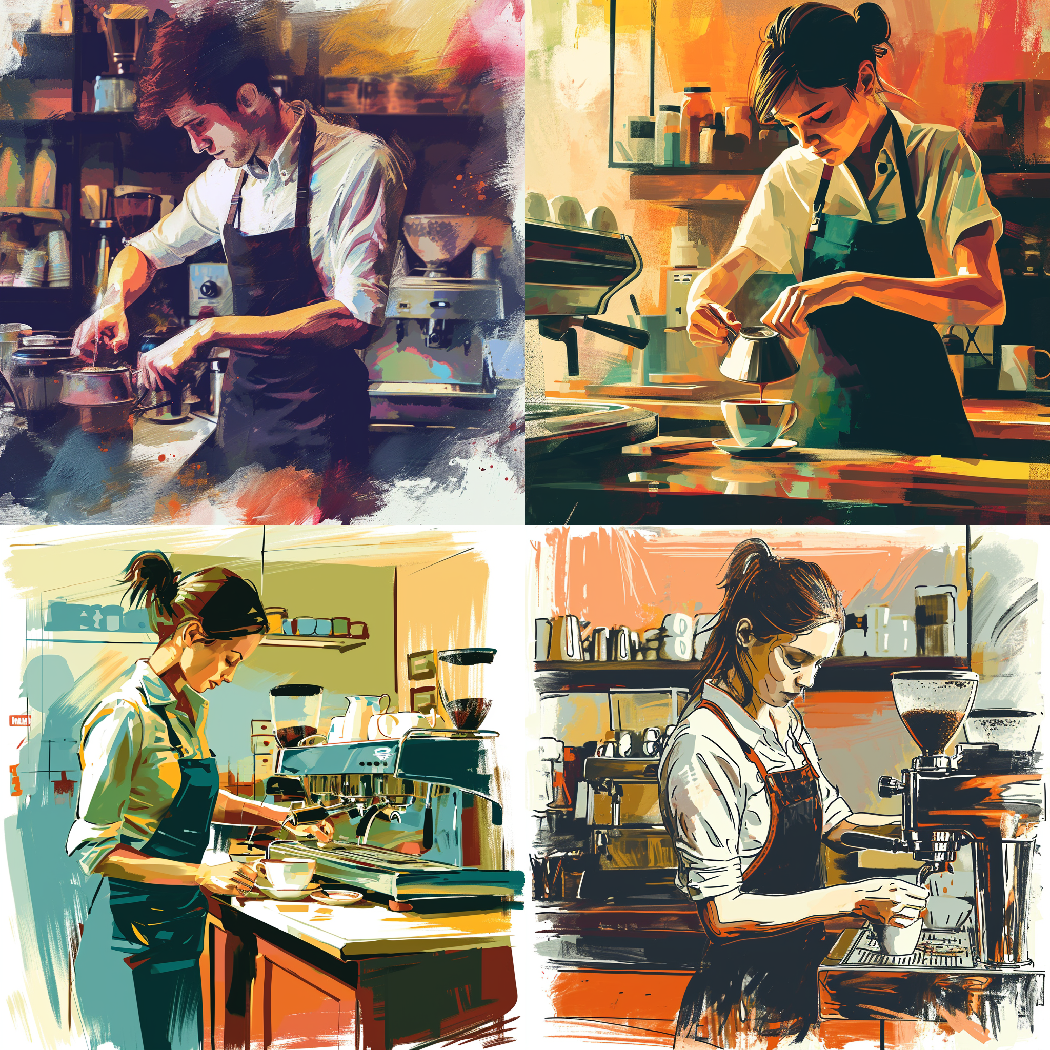 咖啡店，一个店员正在做咖啡，简笔画风格，颜色明亮鲜艳