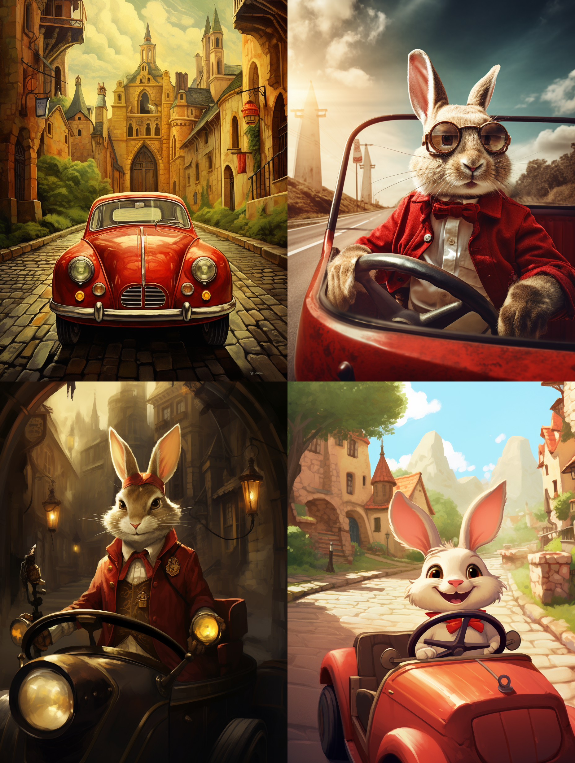 一只兔子，开着一辆古老的红色汽车，行驶在一条古老的街道上，整个画面复古。兔子司机伸手跟大家打招呼