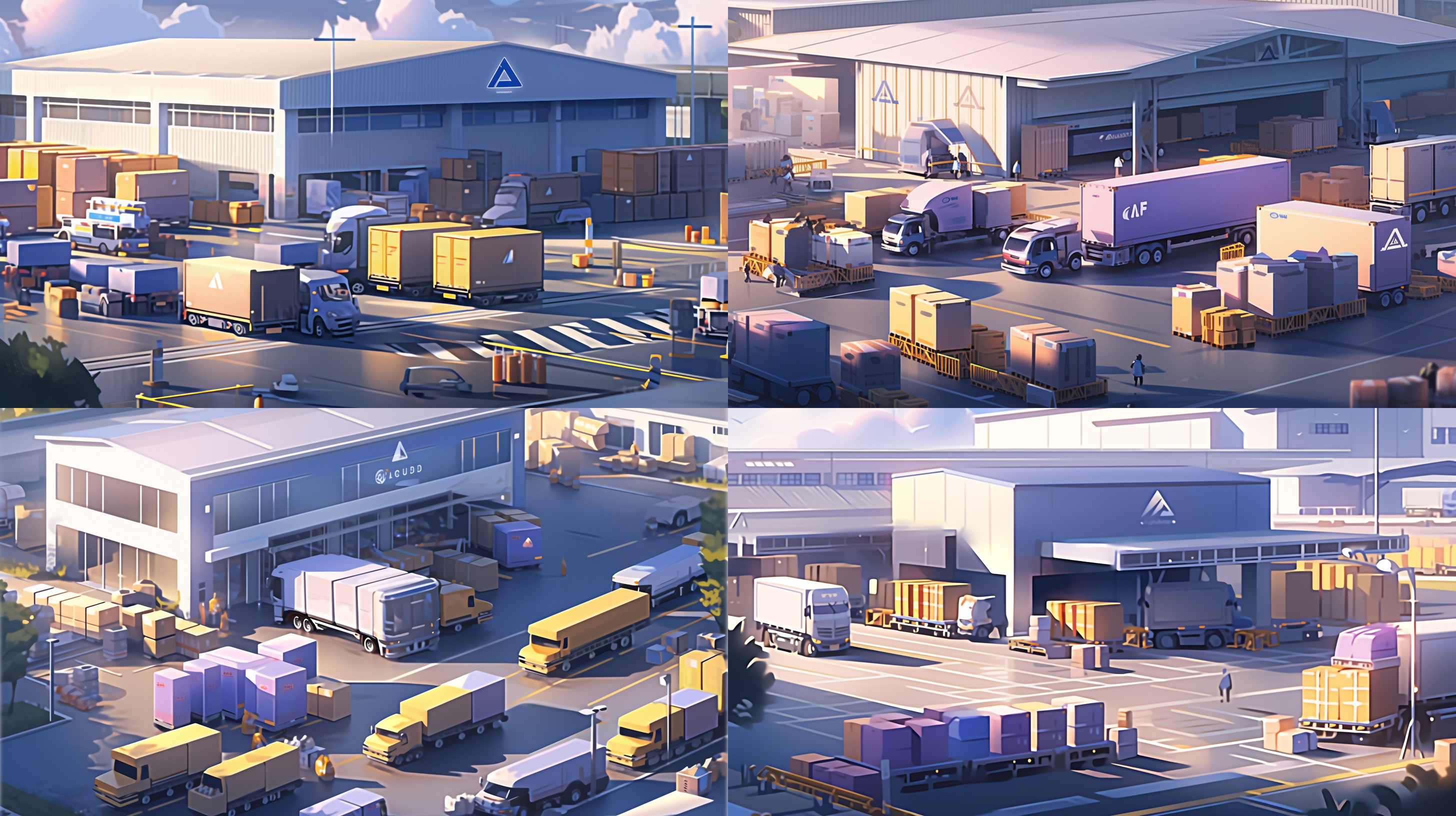 物流园区，宽广的场景，饱满的活力，现代科技感，明亮的色彩，高清晰度，长焦镜头，紫色系，运输车辆来往，繁忙的人流，机器装卸货物，令人振奋的景象，4k分辨率， 使用了blender和octane render进行渲染。，增加细节，