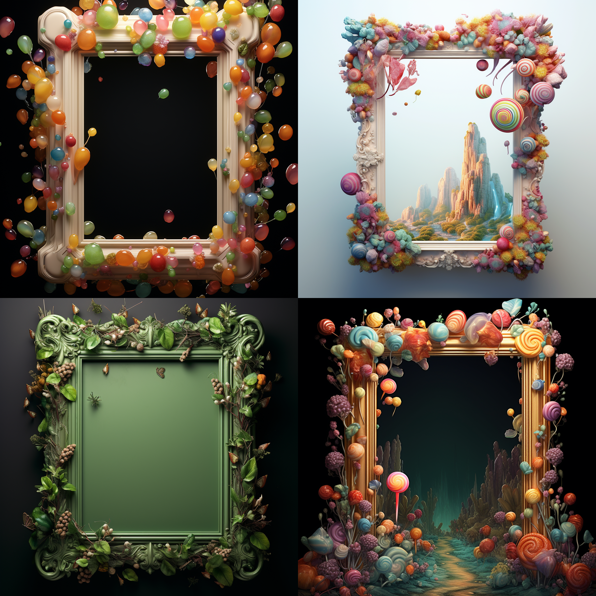 picture frame with small candys on a frame, in the style of ethereal foliage, xbox 360 graphics, tony diterlizzi, flickr, the aesthetic movement, uhd image - scale 2:3