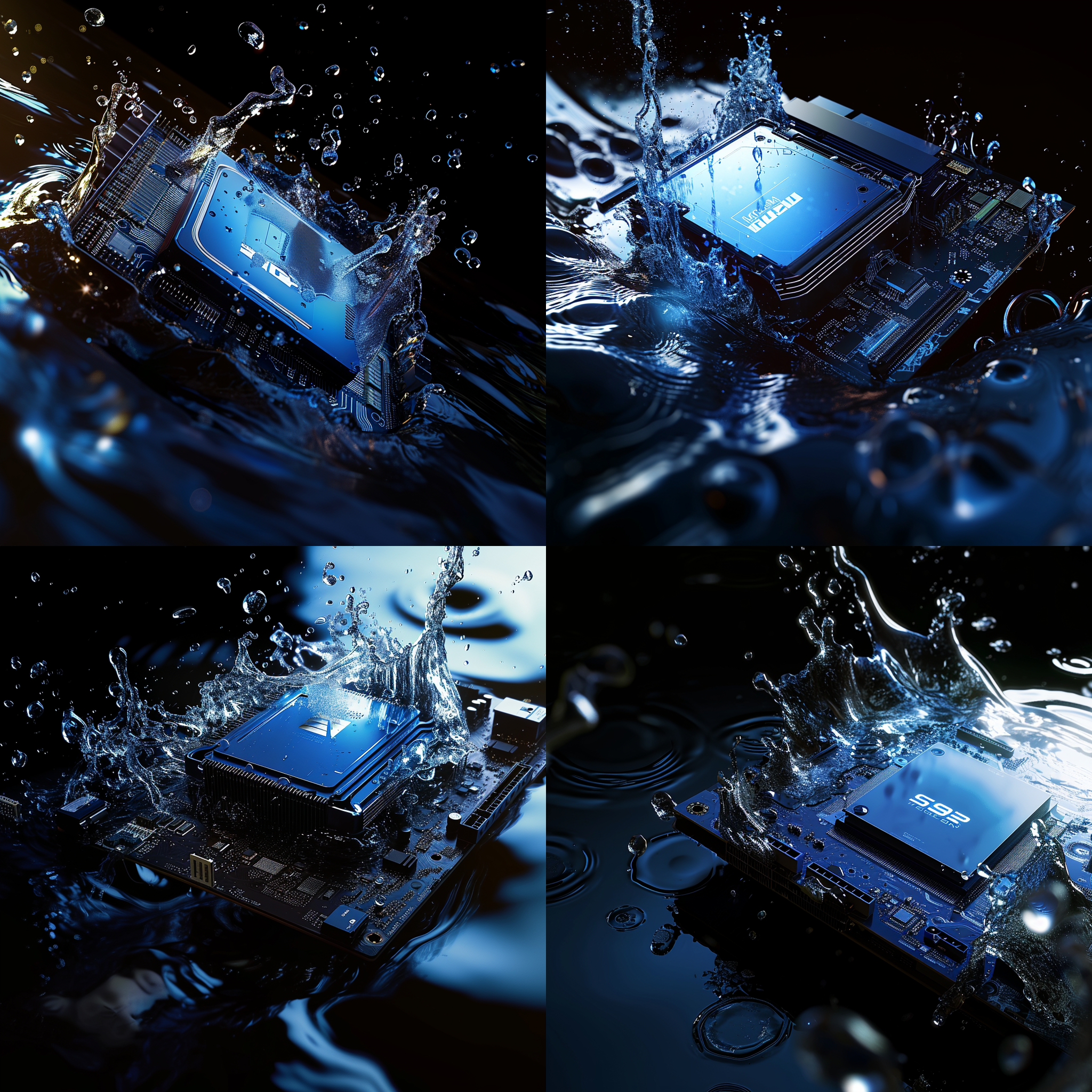 8k,摄影，超细节，超逼真，杰作，一个机械cpu,水从顶环绕底部，飞溅的水，环绕涟漪。明亮，光感，焦散，景深，
