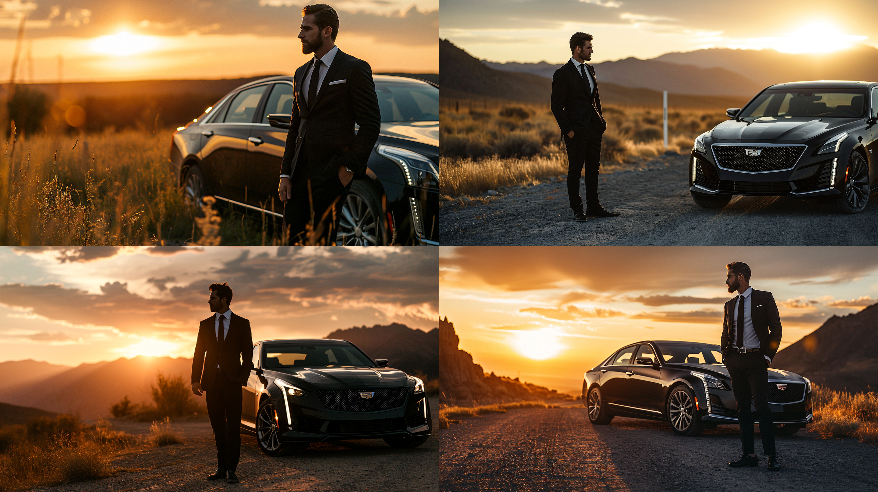 黑西装男子，杜宾犬，凯迪拉克ct5，站立姿势，车旁，霸气，对角线布局，高清晰度，环境景观，广角镜头，金色日落，自信表情，力量，信任，合作