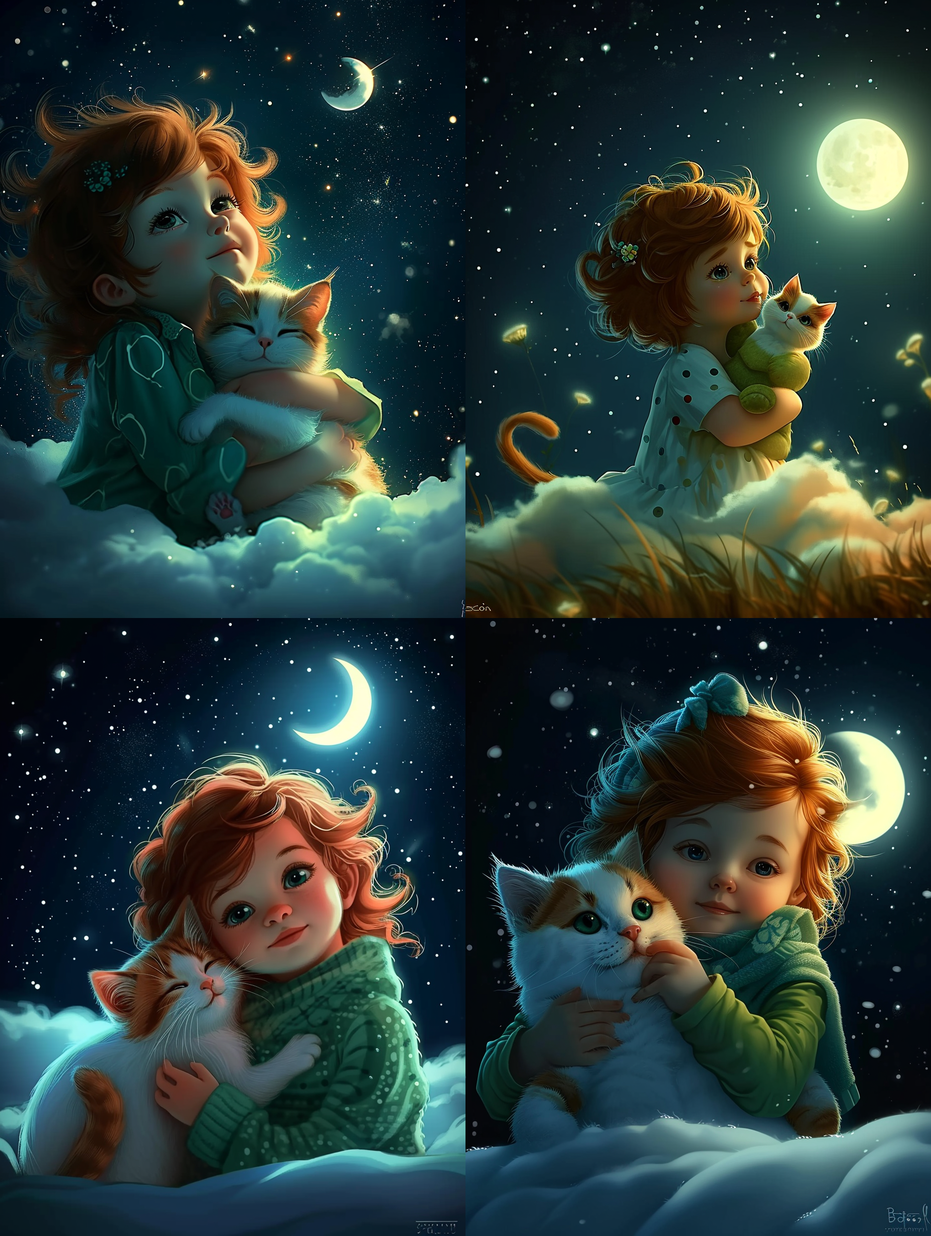 夜晚的天空，小女孩抱着一只可爱的猫咪。构图规则，星空背景，暖色调， 正视图，柔光，静态，温馨，童真，亲密。