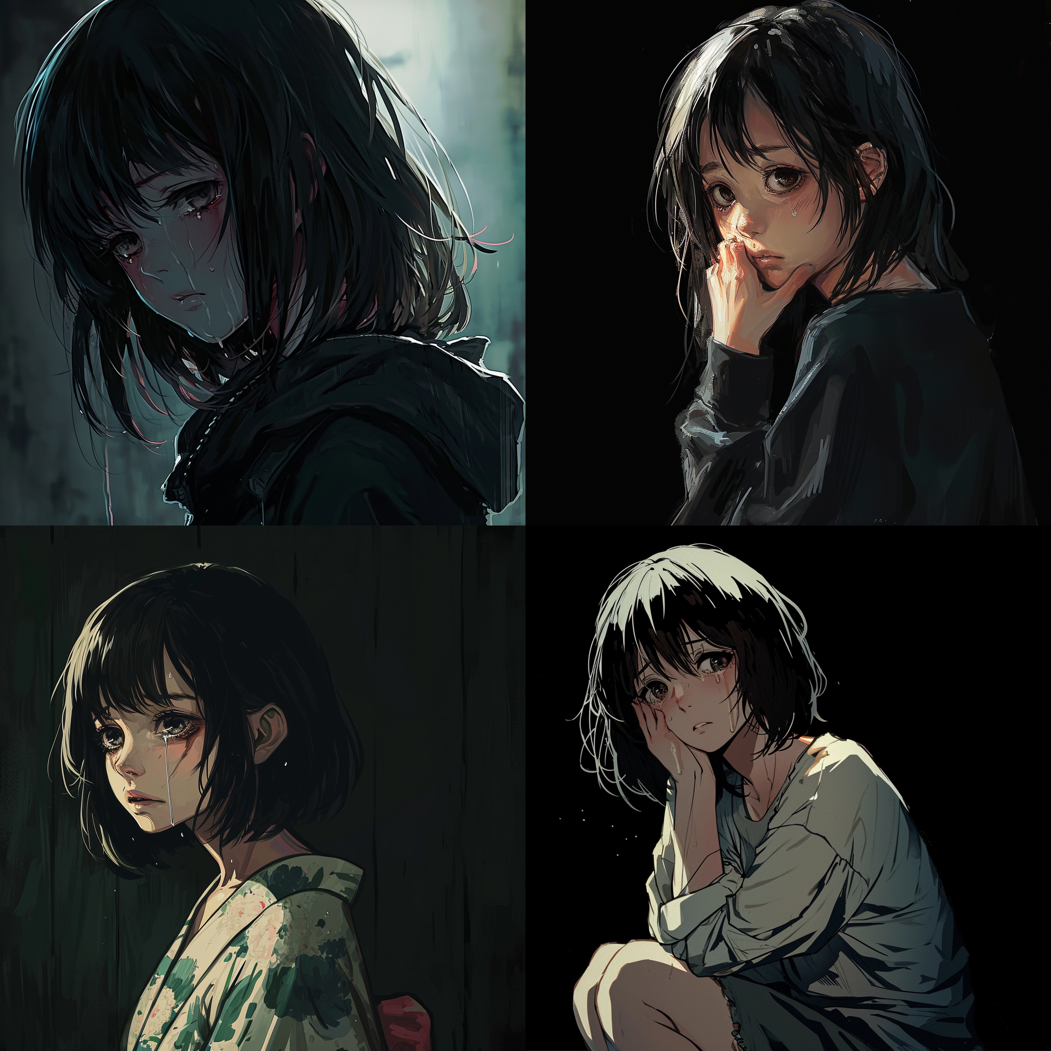黑色背景，伤感，日漫，女生，哭泣，孤独，