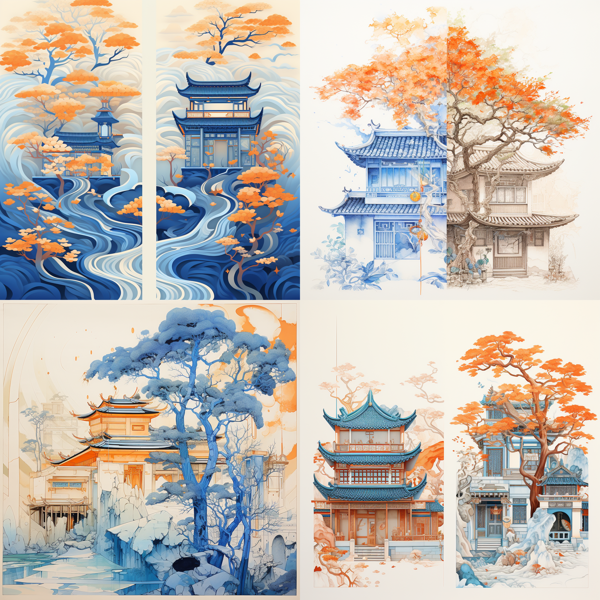 两栋房子都是用汉字画在纸上，在蓝色的风格，欢乐的庆祝自然，浅蓝色和浅橙色， 创新的页面设计，优雅的城市景观，树叶图案，超清图像