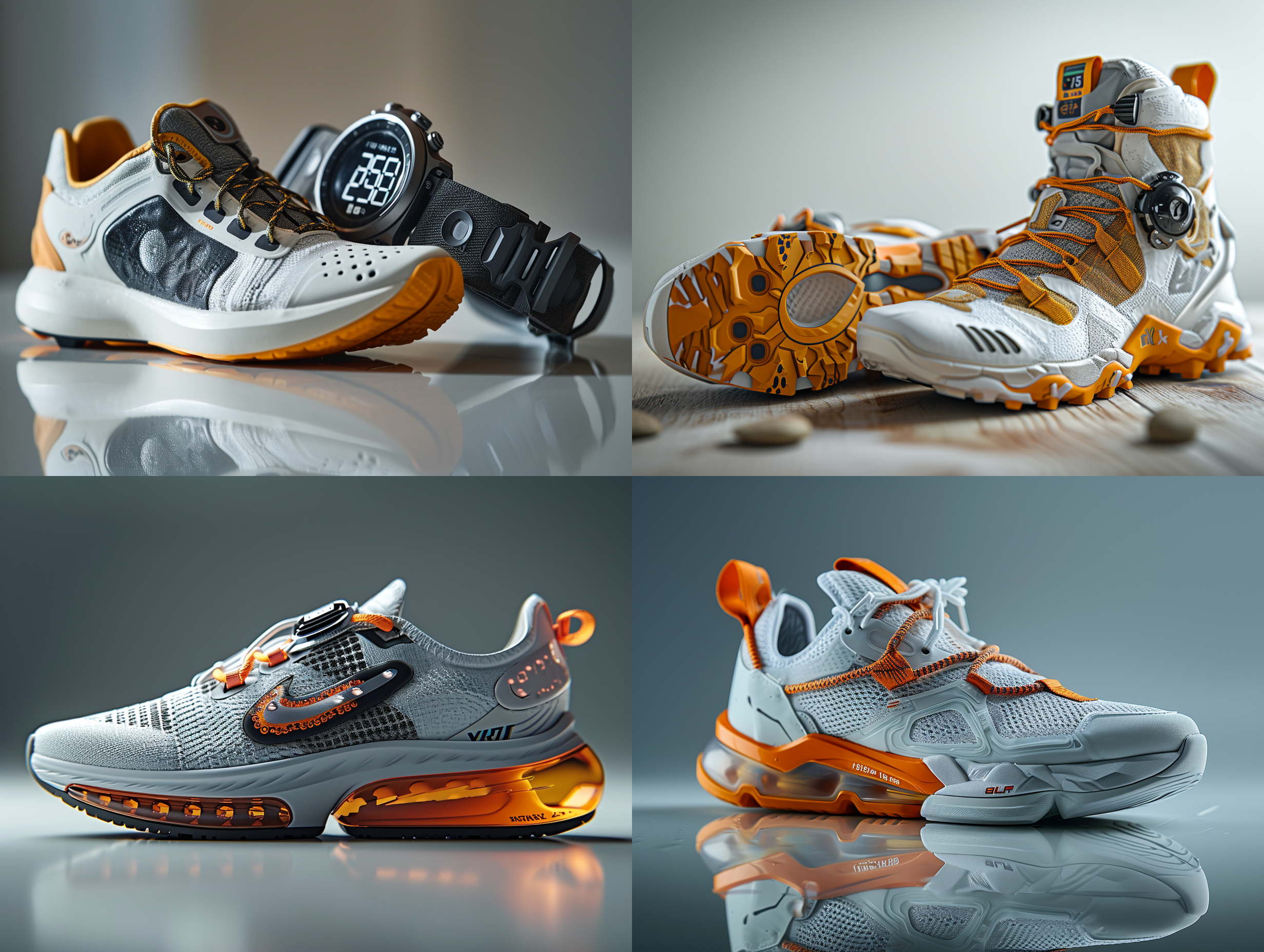 生成一款高端5.0智能运动跑鞋，和一款与跑鞋相配套的智能运动手表，用于显示，感应测量记录运动数据，运动鞋为白色与金桔色搭配，十足的高档跑芏材质，符合人体工学和科技美学，一个徕卡专业产品摄影，8k超高清画质，专业产品摄影棚环境，专业产品摄影灯光，生成可分层处理的psd格式，色彩饱和，细节层次丰富