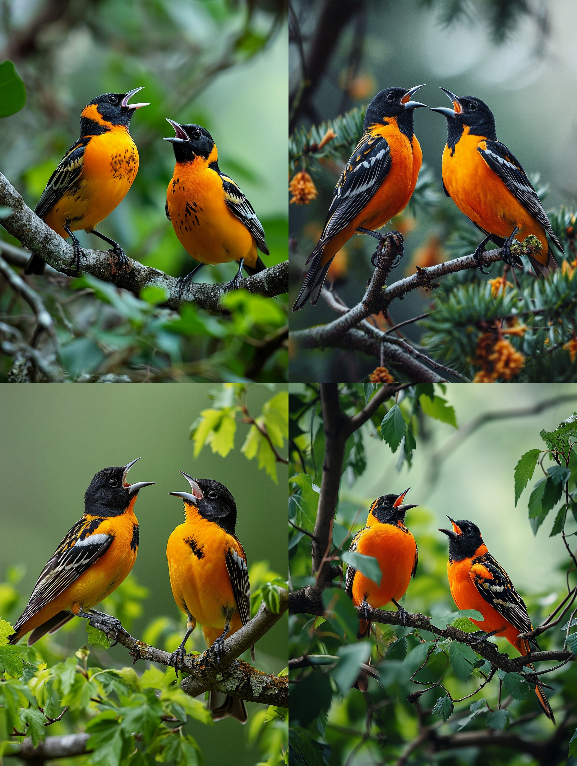 一只黄鹂鸟在对着手机屏幕里的另一只黄鹂鸟张嘴鸣叫，近镜头表现，感觉象恋爱约会，顶级画质，徕卡动物专业摄影 超写实，