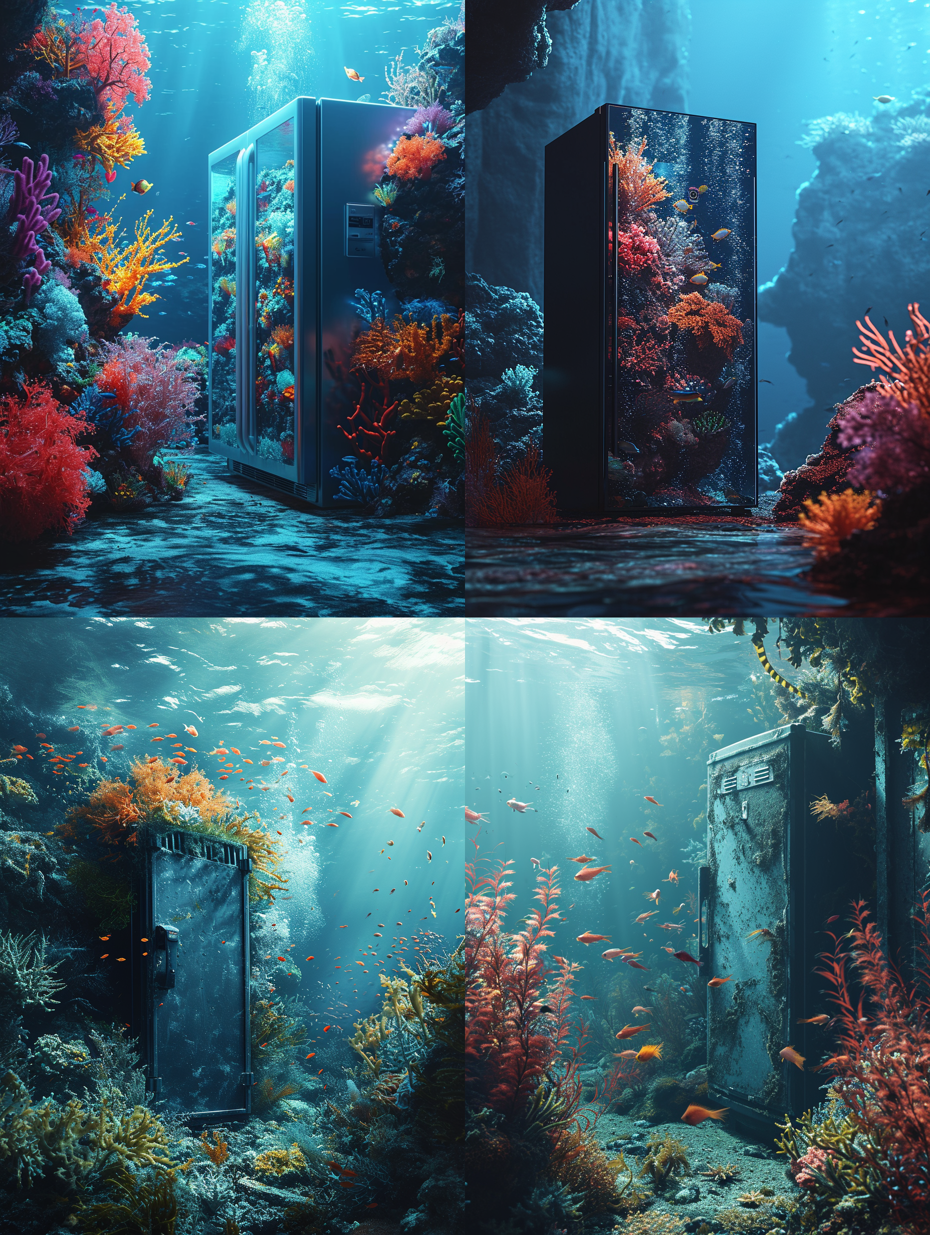 在海底，一个巨大的数字科技特征的超大冰箱，冰箱门上部有一把数字锁，冰箱壳体以产品结构线的形式呈现，冰箱内呈现海底彩色珊瑚礁，海草，一在群六颜六色的鱼在游动，整体画面呈现一种海洋科技蓝的主色调，体现海产品数字 科技保鲜的感觉，顶级的海底摄影效果和画质 ，科技美学，色彩层次丰富，画面细节丰富，体现数字科技与海产品保鲜的应用的特征。