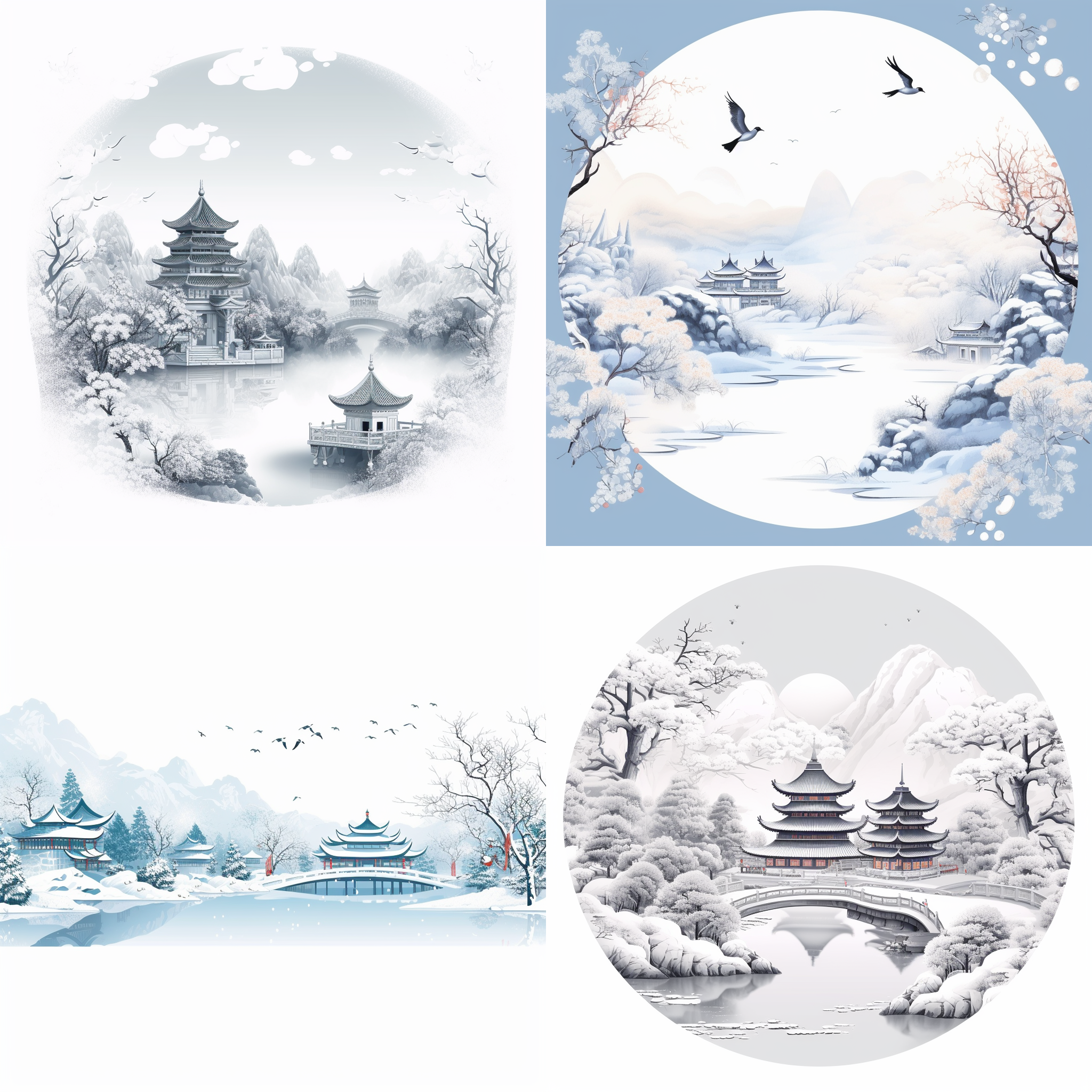 design a chinese feature, including scenery, traditional culture, illustrations, winter, frost, landscape, gently pale white tone, clear background, clear outline, blank frame, plane illustration, 16k,