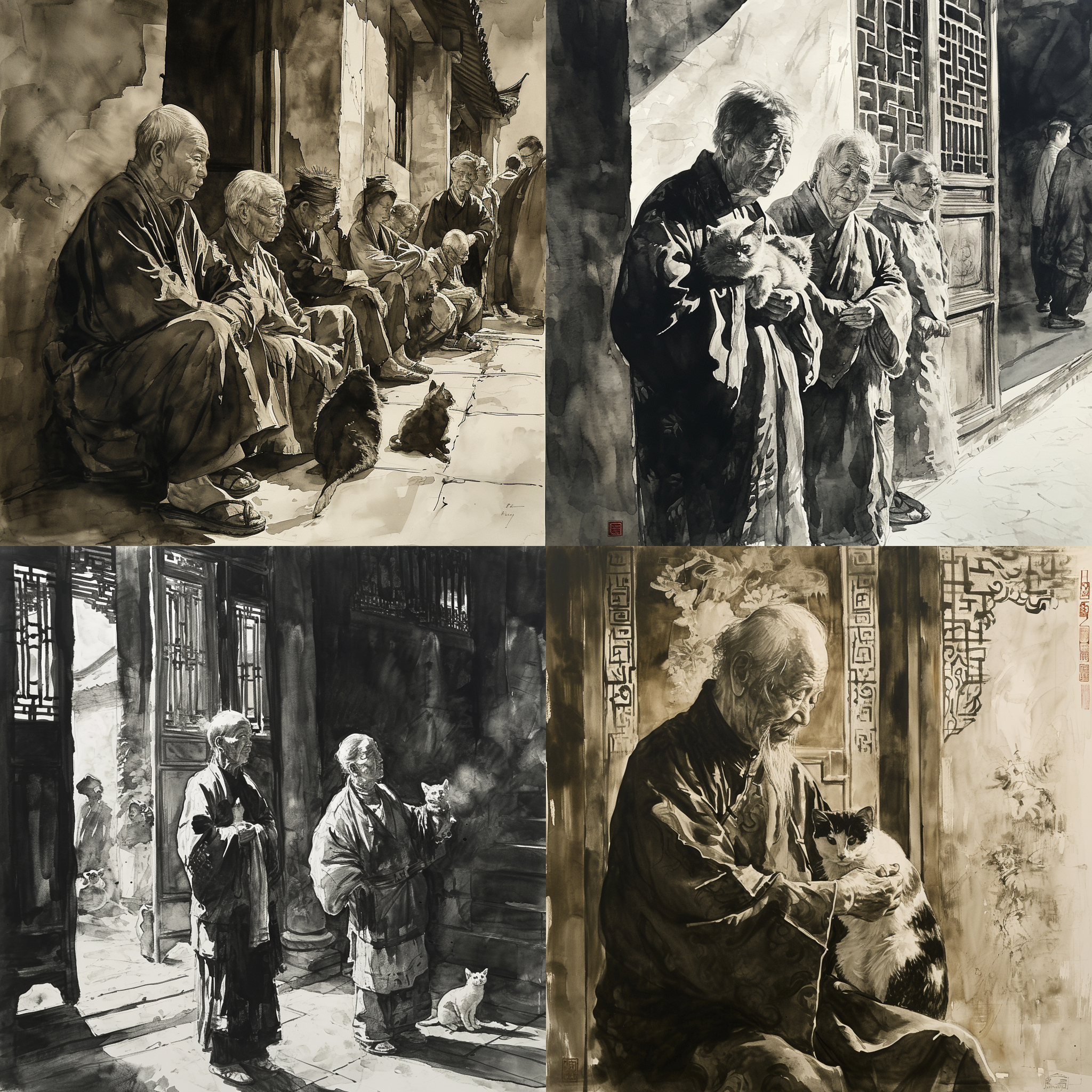 水墨风格，中国古老主题，宏大的寺庙，角落里老人抱着猫, 非常详细，动态，表现力，逼真的照明和阴影