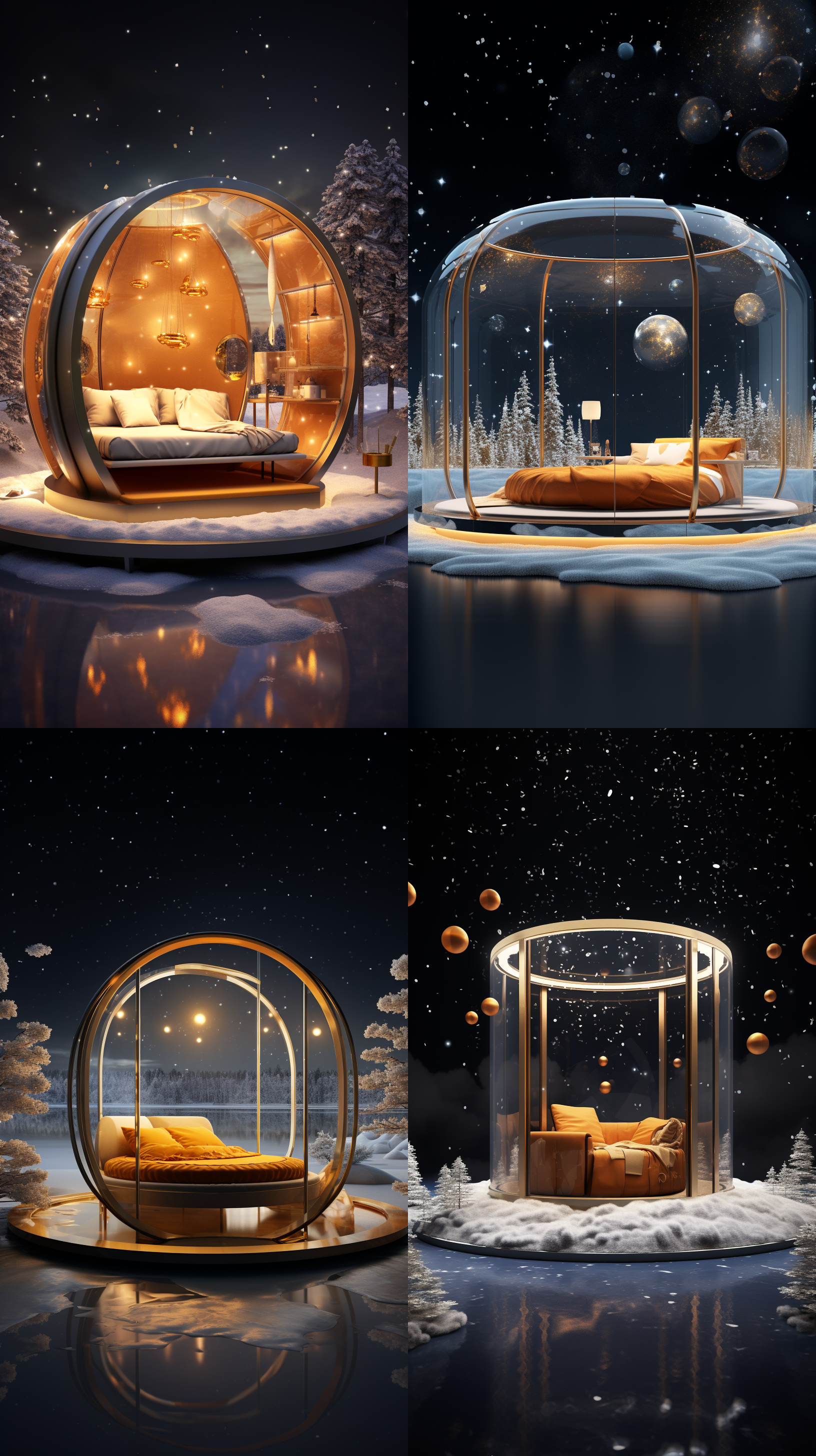 电商展台，超现实，高清，圆形展台，方框半打开的空间，里面一张床一张床垫，展台悬浮在水面上，外面飘着雪花，暖橘色，金色，超清晰，4k，全景