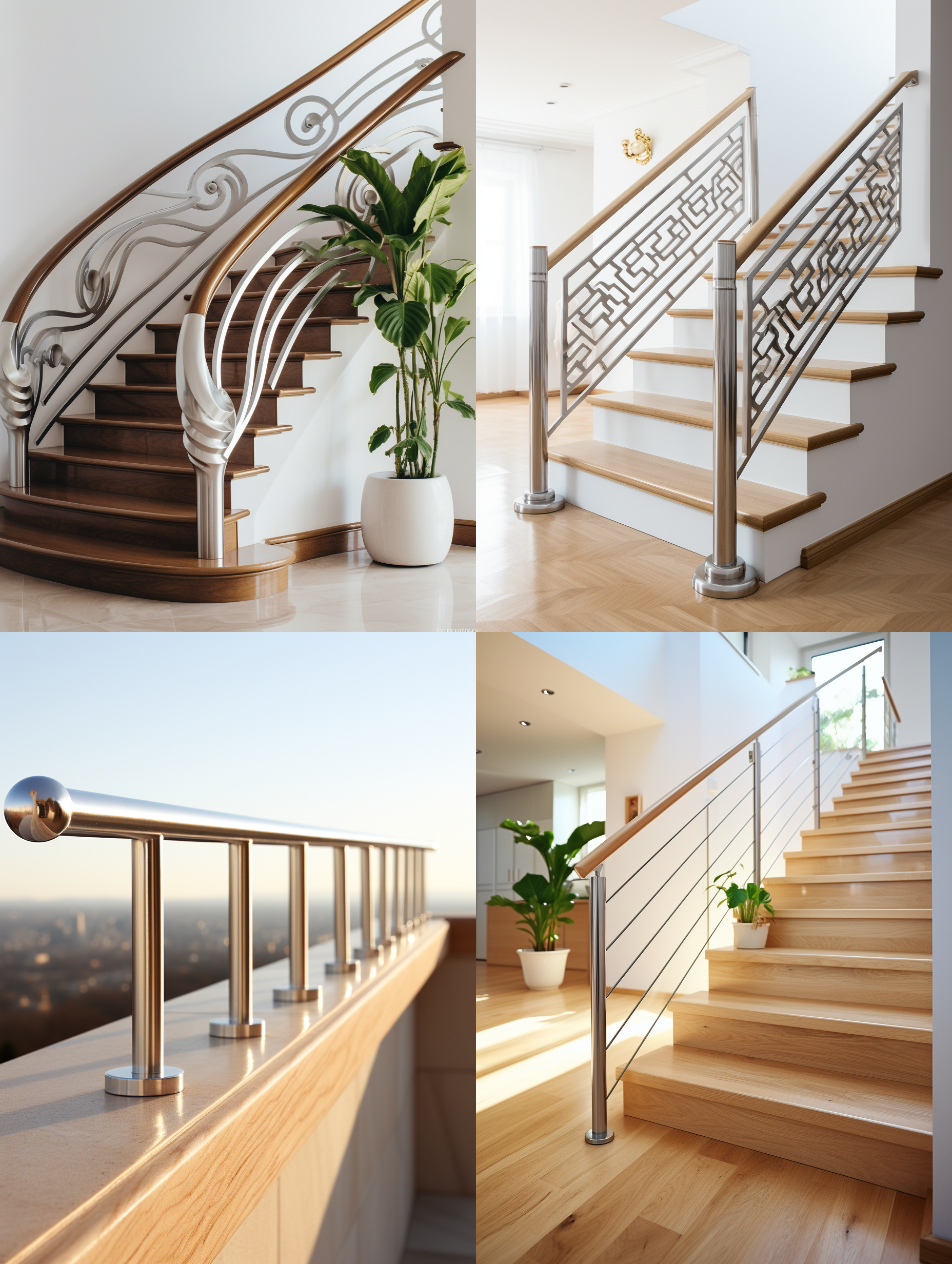 极简主义，不锈钢护栏，材料：金属拉丝+木纹，使用场景：年轻90后别墅家庭