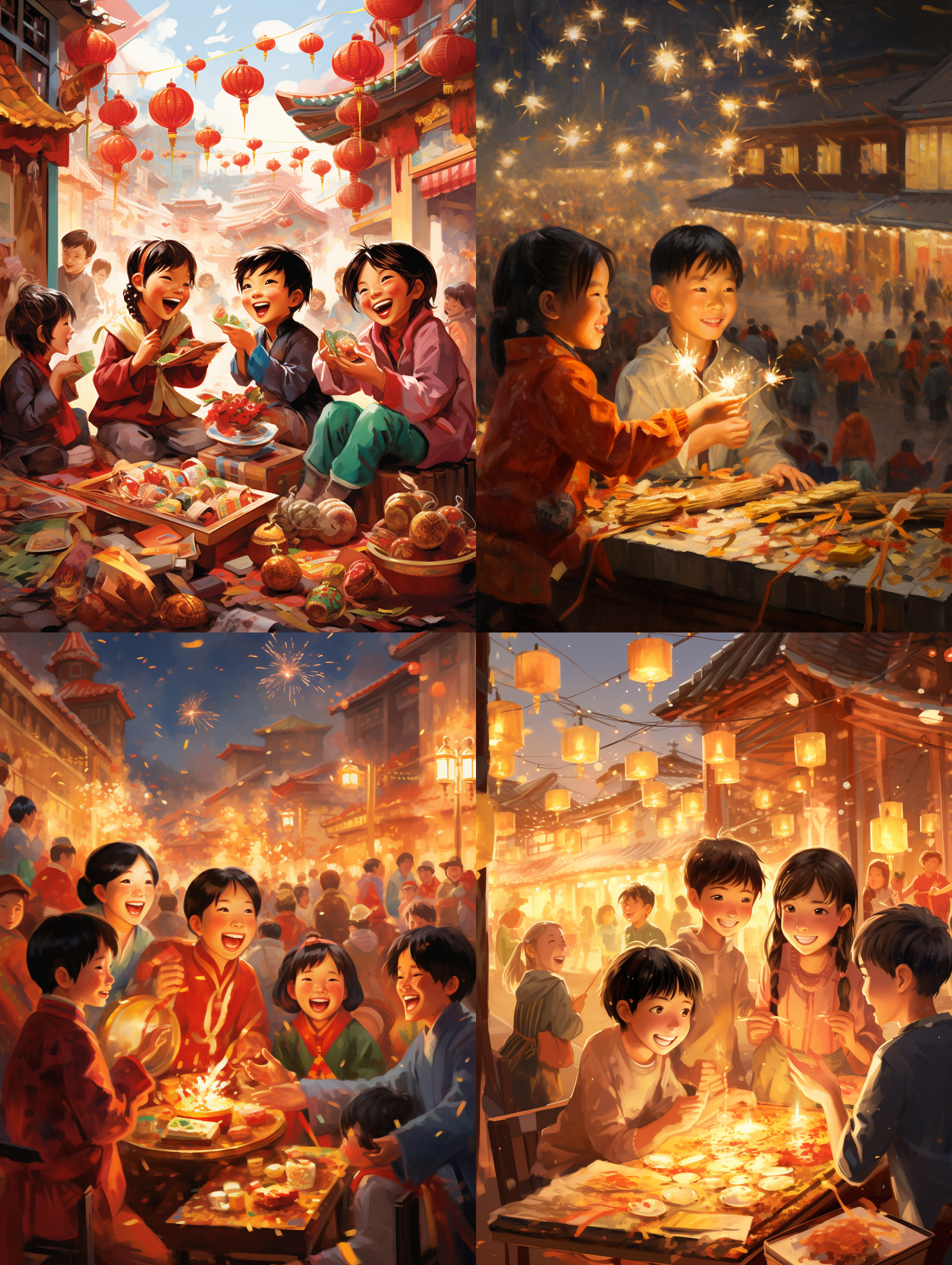 想象一下春节的热闹景象。当不同血统的孩子，包括高加索人、西班牙裔、中东人和南亚人，正在燃放鞭炮时，它充满了欢乐和兴奋。他们全神贯注于他们的节日任务，他们的脸上流出他们的喜悦和热情。除此之外，他们还在门口张贴对联，这一传统为庆祝活动增添了更多的色彩和精神。该场景具有光芒四射和生动的调色板，模仿使用自然光来增强景深 的高质量 4k 图像。