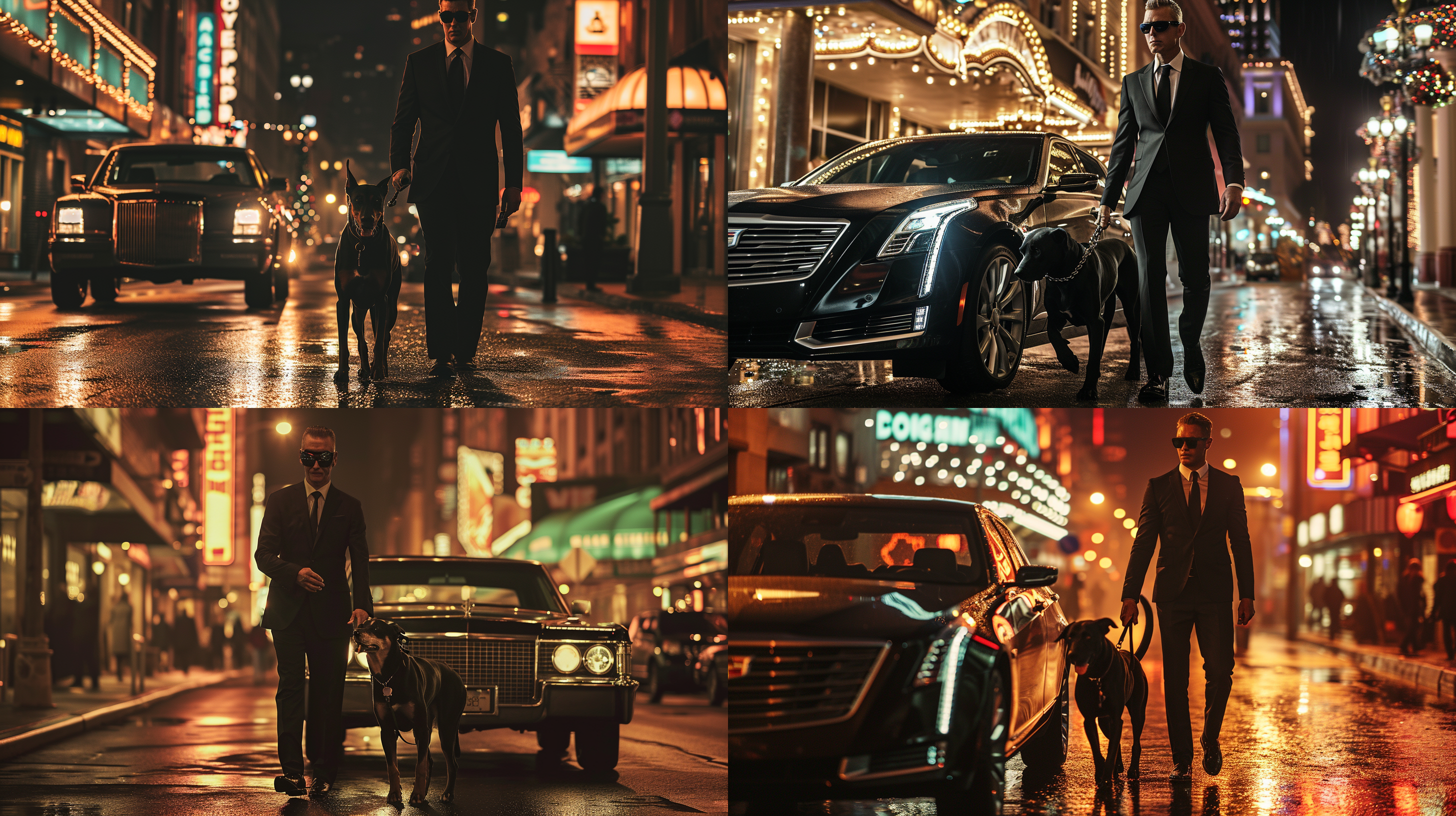 凯迪拉克凯雷德车旁，黑西装墨镜男子牵着杜宾犬，细节丰富，霸气十足。环境为城市夜景，照片风格高饱和度，宽广视角，逆光照明，动作稳健，金属元素，冷色调，表现力强，彰显力量与自信。