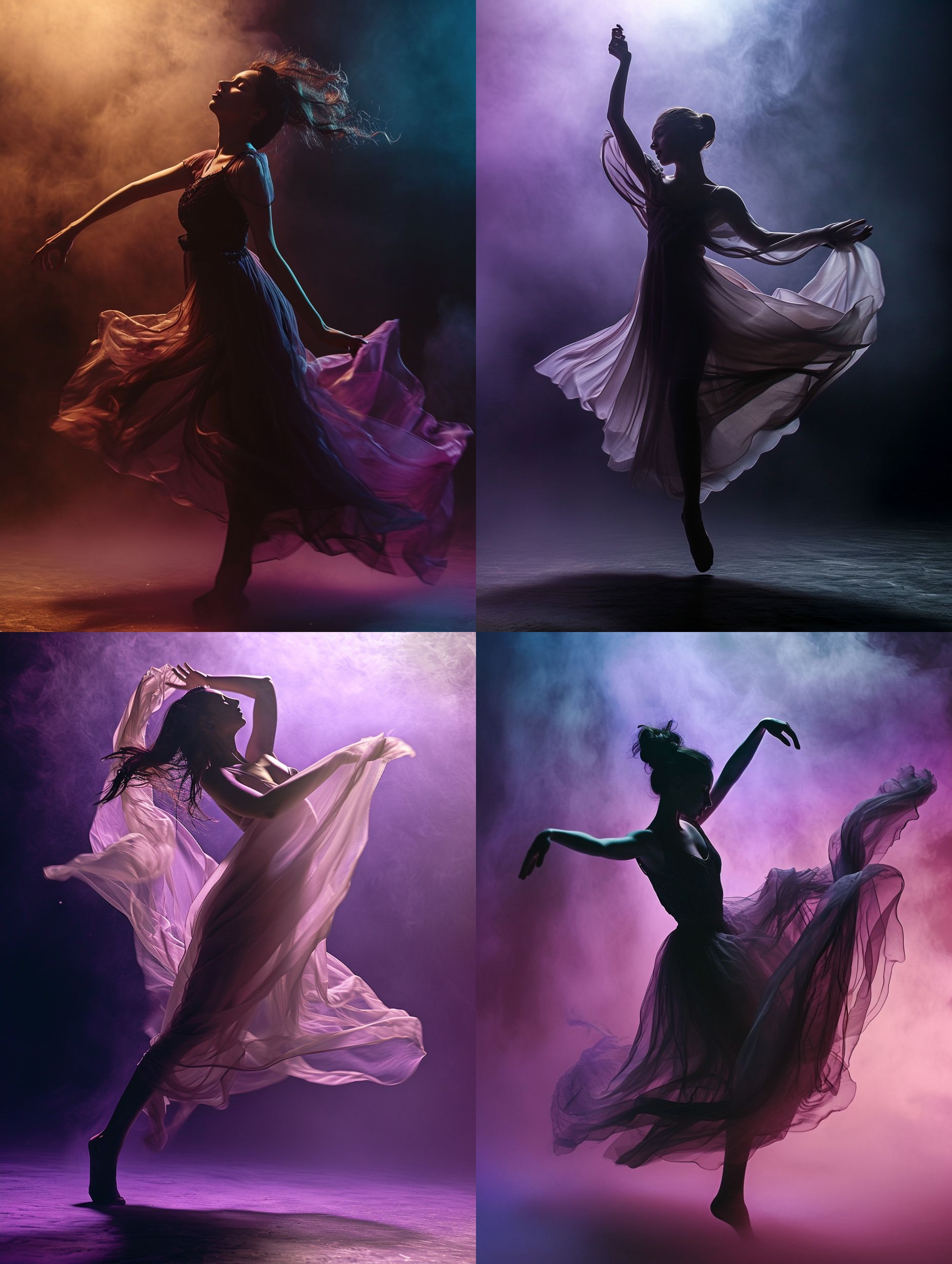 一个跳舞的女人，动作舒展，背景色调柔和梦幻。 摄影纪实 轮廓光 美丽的照明 黑紫 低角度 关键照明