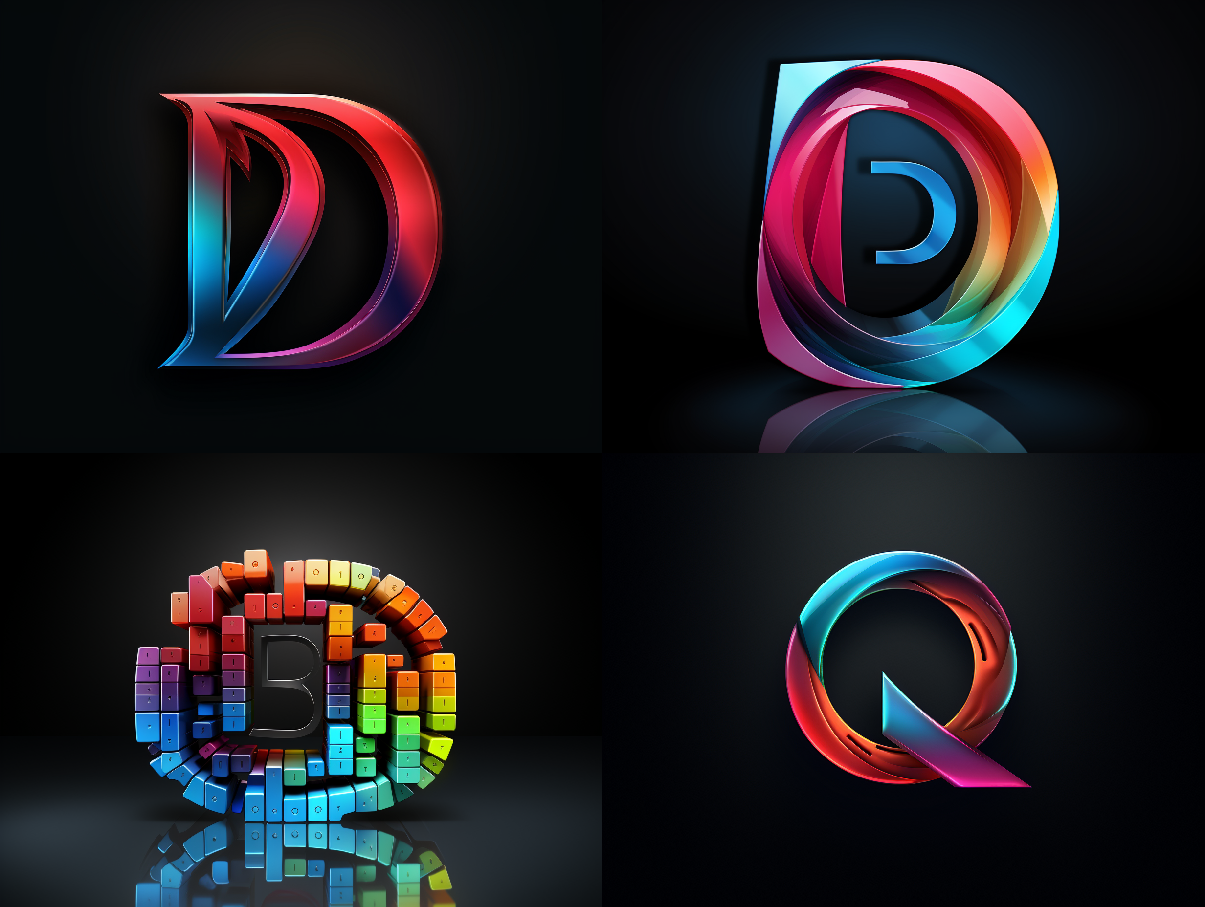 以”dradim3d"设计一个字母组合式logo ,字母数字排列完全相同不能缺少，极简主义风格，简单，以红绿蓝渐变颜色，顶级专业logo设计，