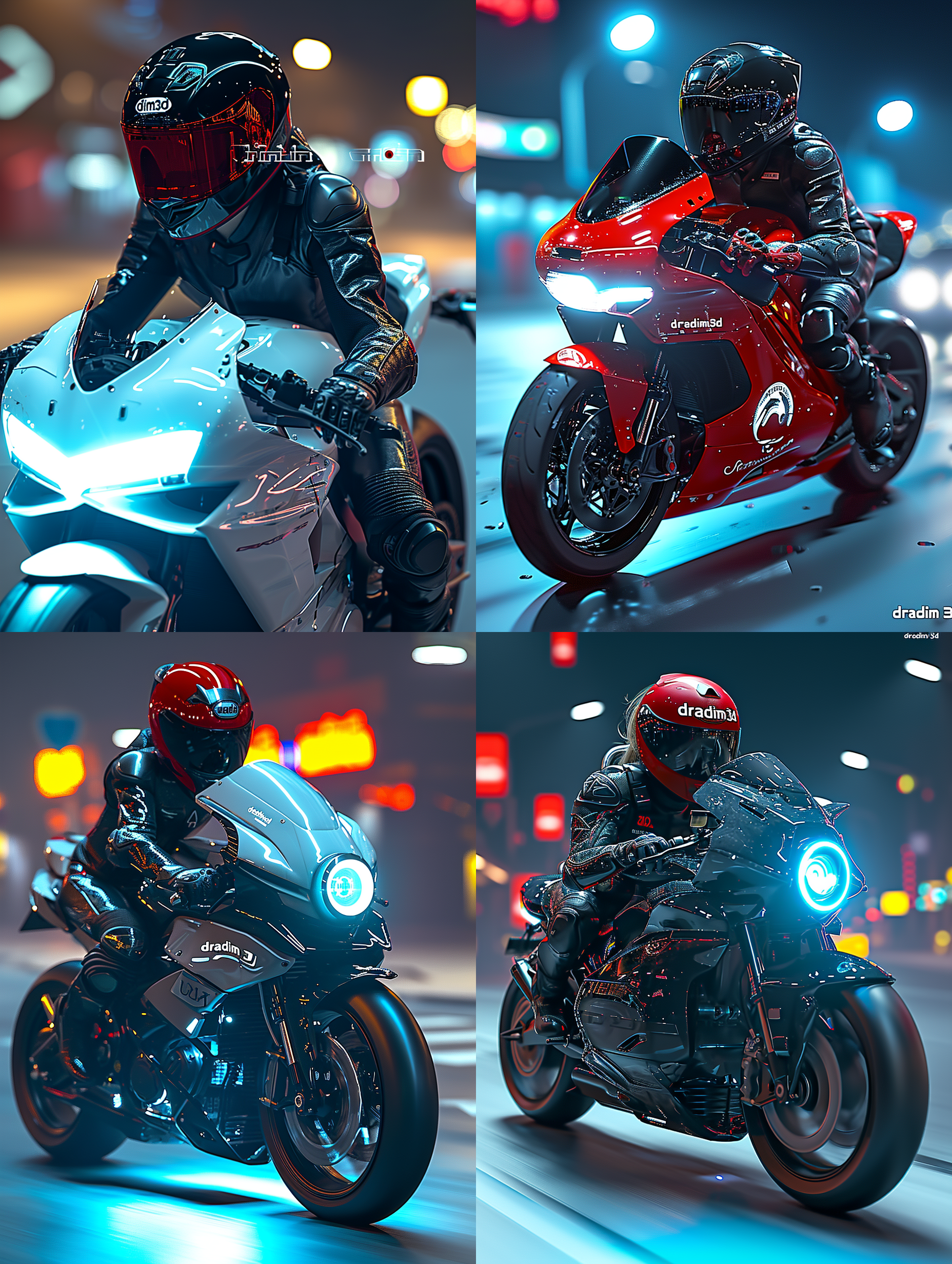 一位美女职业骑手骑着具有极具科技感和未来感的电动摩托飞驰在未来感的超级大城市的街道上，戴着有科技感和科幻感的ar智能头盔，头部前面呈现智能投影的导航画面和数据图，要有摩托和头盔上有"dradim3d"logo标志，8k超高清画质，画面极具运动感，画面色彩丰富，科技感强烈，科技美学，每张画面右下角要有“dradim3d"注册商标的logo水印标记 