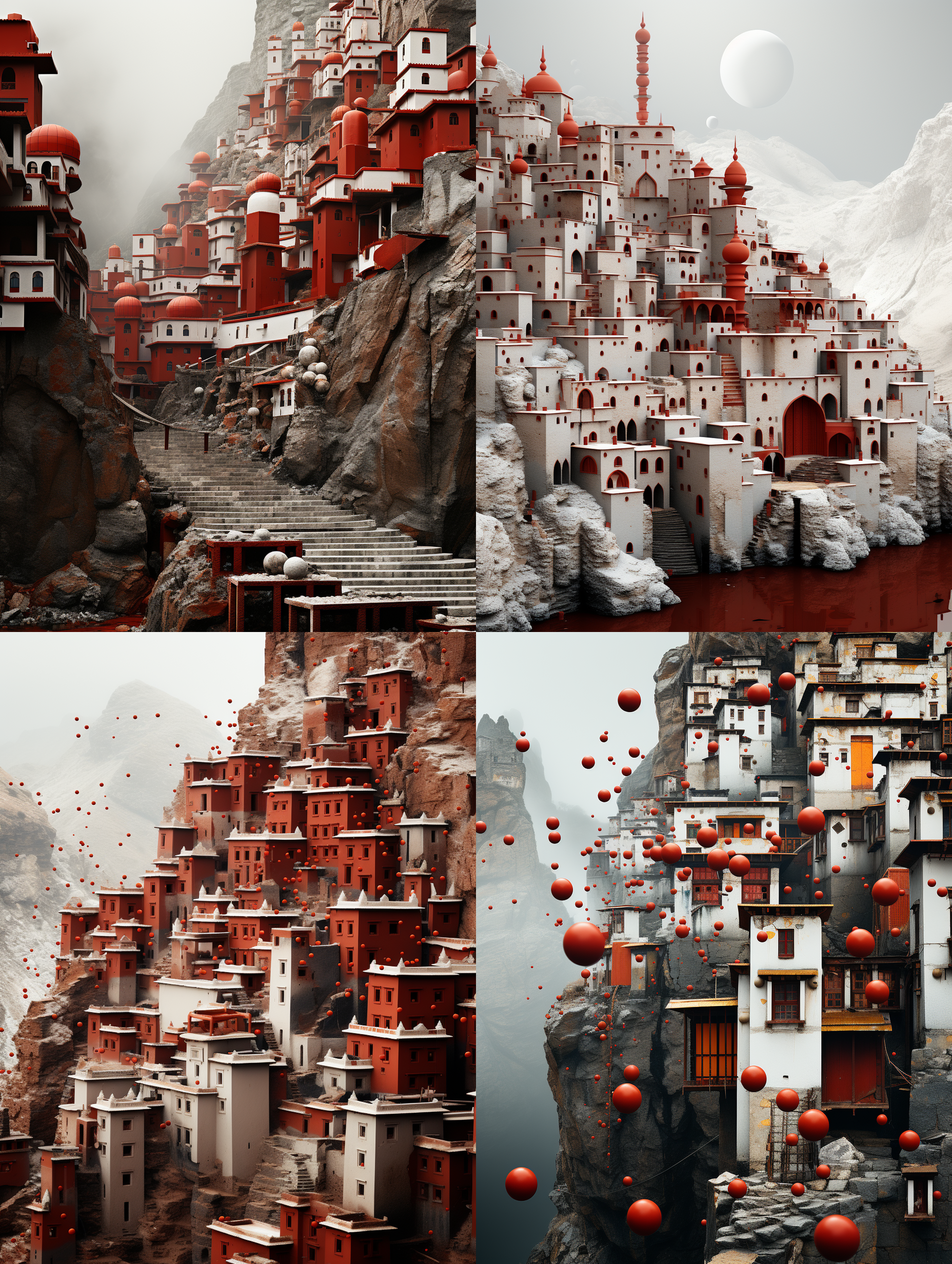 a shot of the tibetan fortress, in the style of abstracted architecture, white and red, pointillist optical mixing, ingrid baars, 32k uhd, visual harmony, serge marshennikov