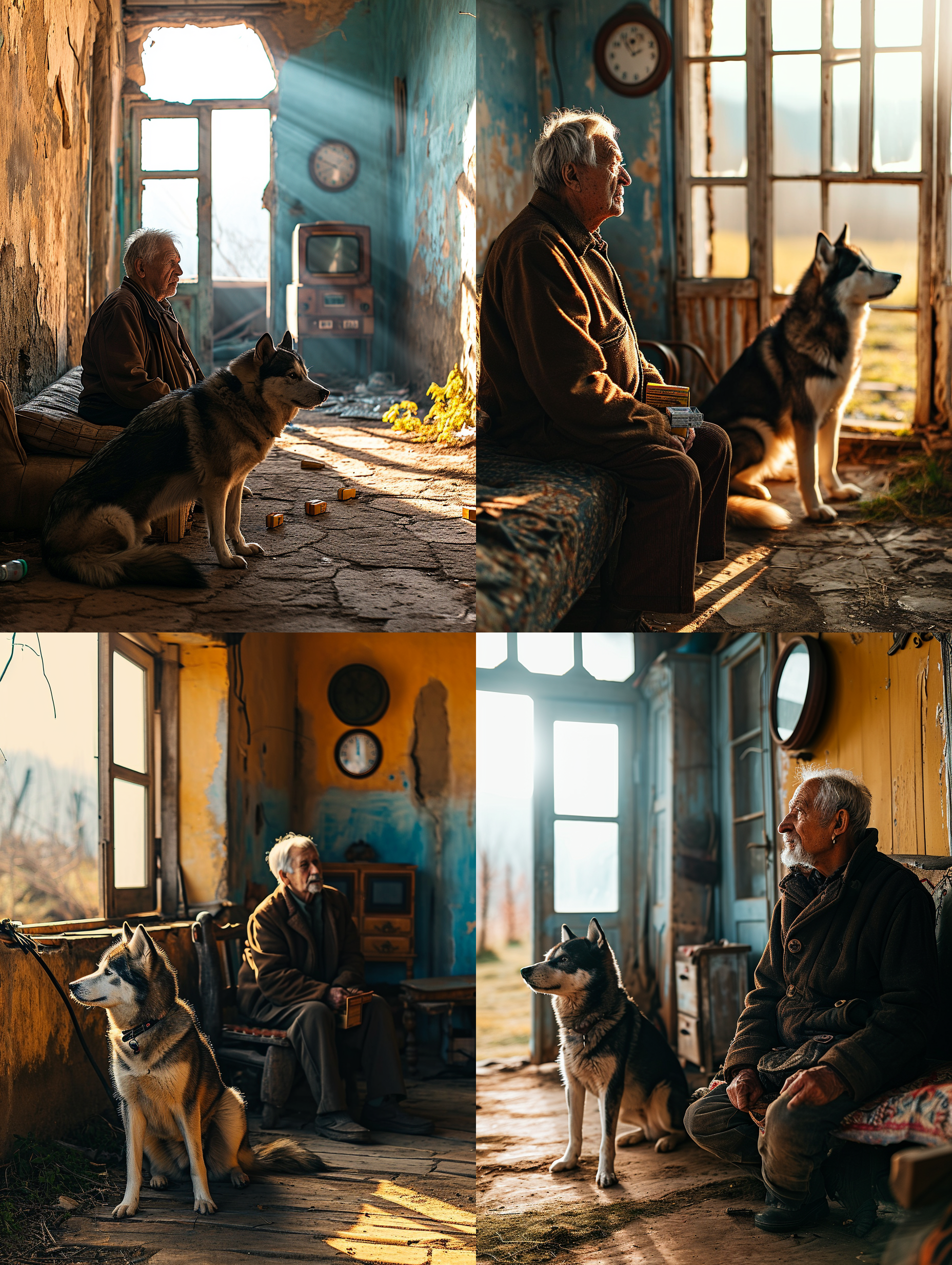 乡下的老房子里，老人坐在旧沙发上，聪明的哈士奇狗在叼着一盒药送到老人面前，简朴的老房子，老挂钟，老旧的电视，老旧的家具，专业人文摄影，徕卡相机专业摄影，光束从窗外照在老人身上，真实光线，超写实，现实风格，8k超高清画质