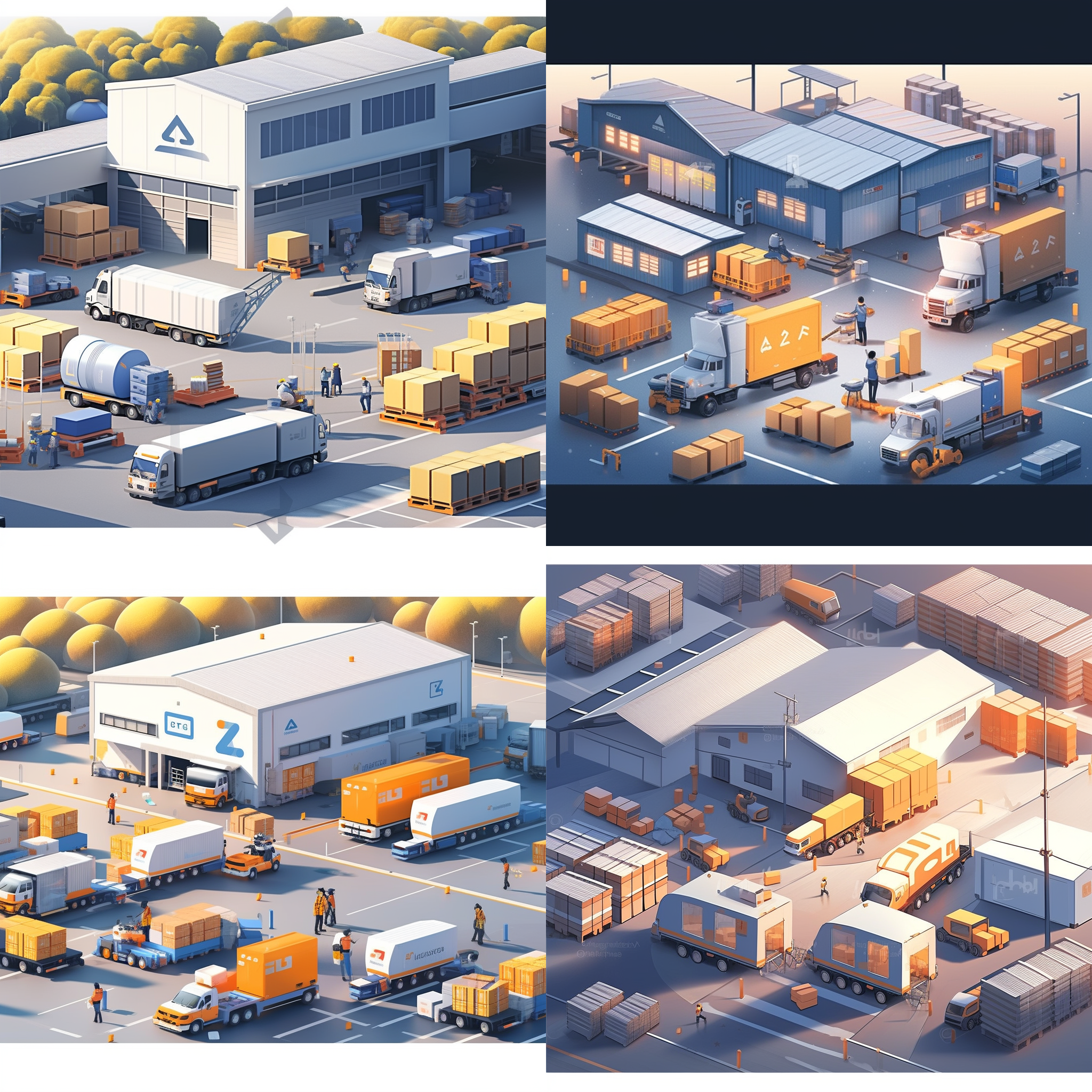 物流园区，宽广的场景，饱满的活力，现代科技感，明亮的色彩，高清晰度，长焦镜头，运输车辆来往，繁忙的人流，机器装卸货物，令人振奋的景象，4k分辨率, 使用了blender和octane render进行渲染。