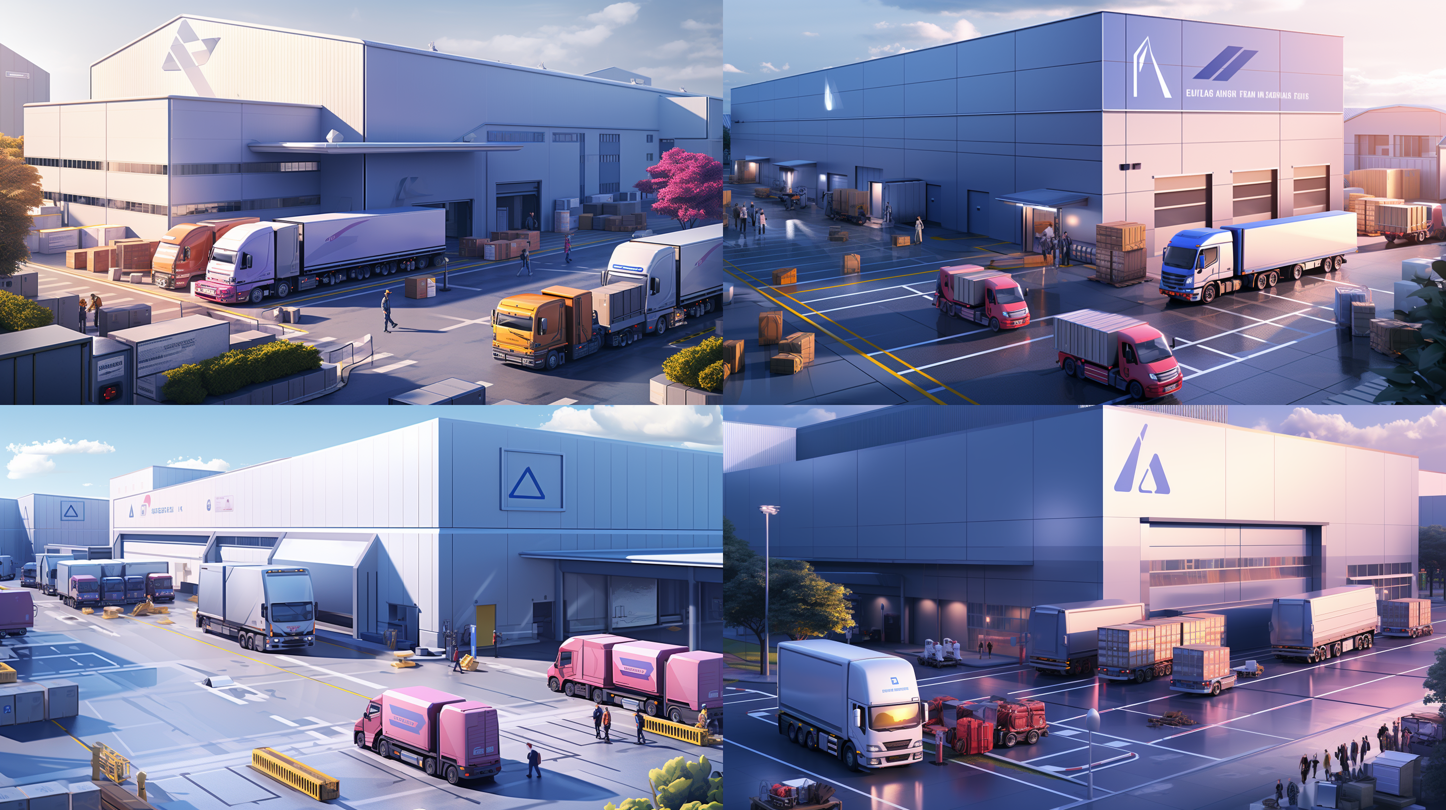 物流园区，宽广的场景，饱满的活力，现代科技感，明亮的色彩，高清晰度，长焦镜头，紫色系，运输车辆来往，繁忙的人流，机器装卸货物，令人振奋的景象，4k分辨率， 使用了blender和octane render进行渲染。，增加细节，