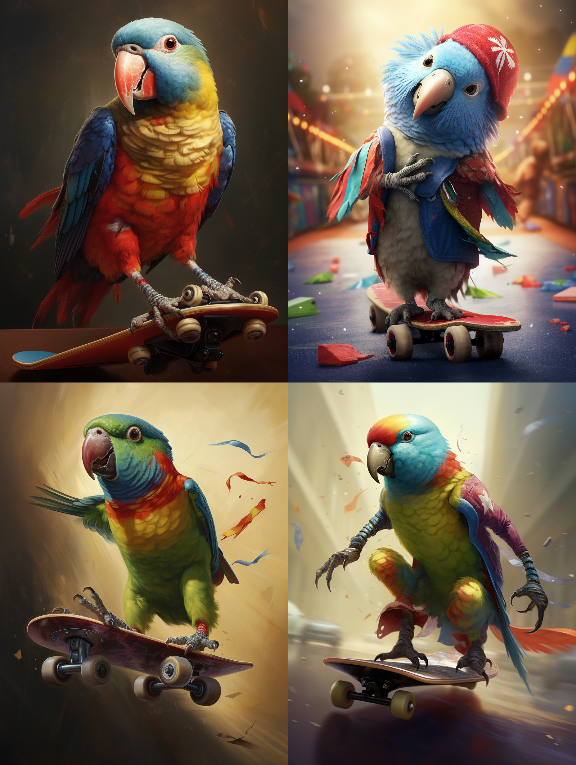 一只鹦鹉鸟在踏着滑板车，身体修长，鹦鹉脖子上挂着一枚奖牌，滑板上插着美国国旗，在一个比赛场地，周围很多人在欢呼