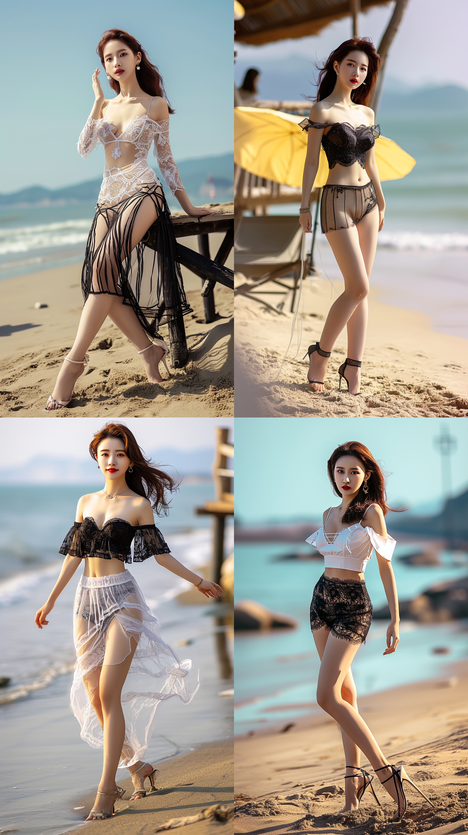 8k画质，中国绝世美女,全身照，五官端正，长腿少女，阳光，身材苗条，沙滩，高跟鞋