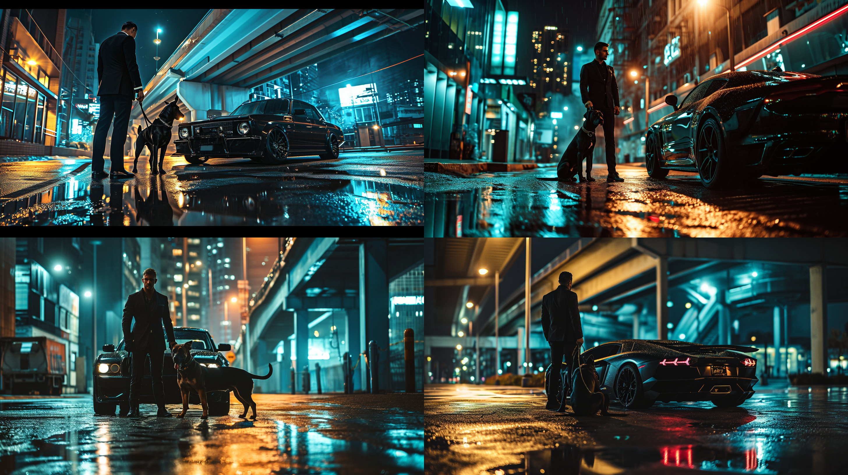 黑西装男子牵着杜宾犬站在凯雷德车旁，细节丰富，霸气十足。城市夜景环境下，高饱和度照片风格，宽广视角，逆光照明，稳健动作，金属元素，冷色调，表现力强，彰显力量与自信。
