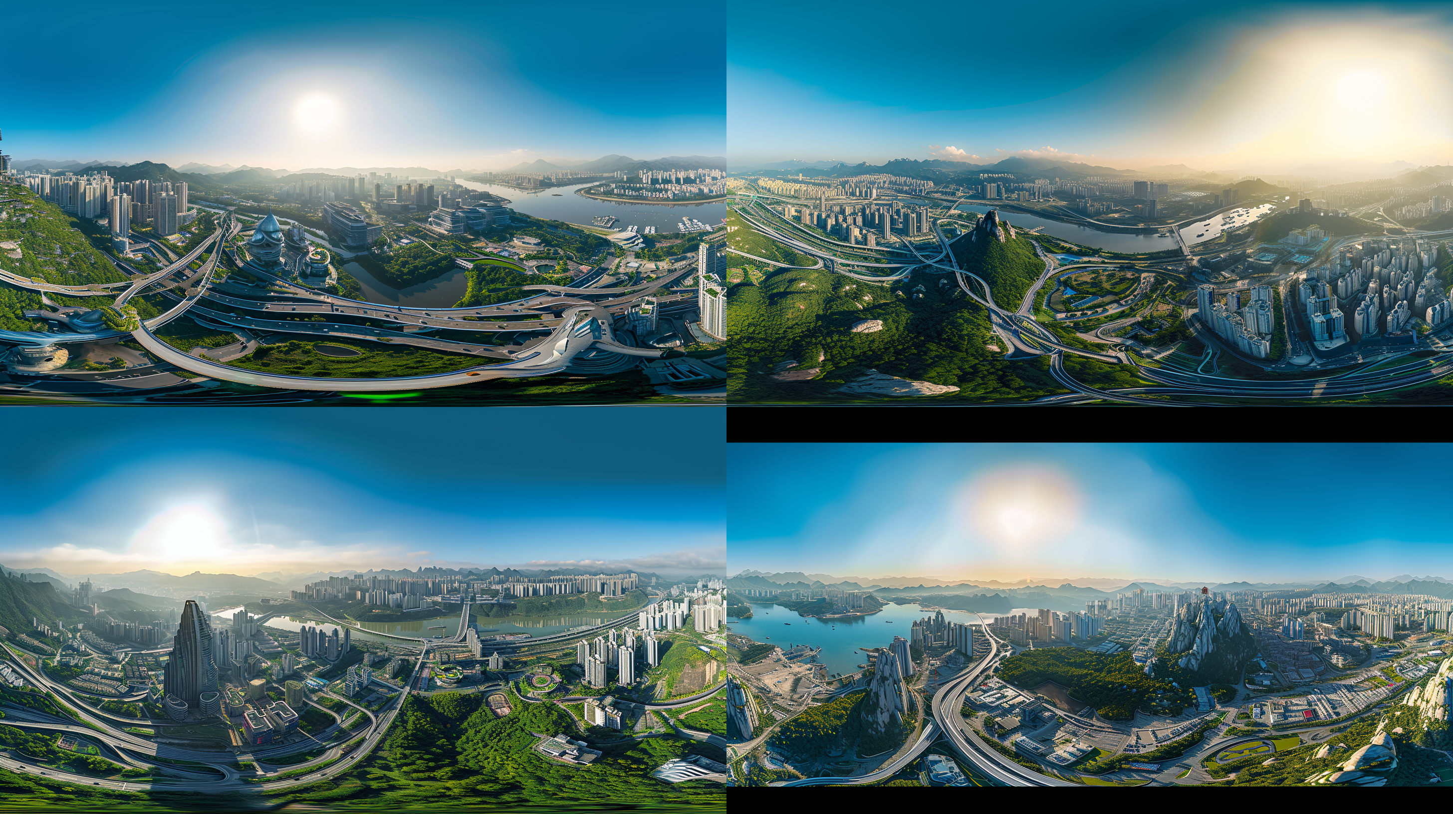 以此参考图生成一个未来感的超级科幻未来城市，河流，山川，群峰，森林，超级高速立交桥系统，科幻感的cbd商业中心，别墅群，科科感的主题公园，徕卡专业航拍全景摄影，2：1的高空航拍720度全景，场景宏大壮观，8k超高清画质，色彩层次丰富，细节丰富， 