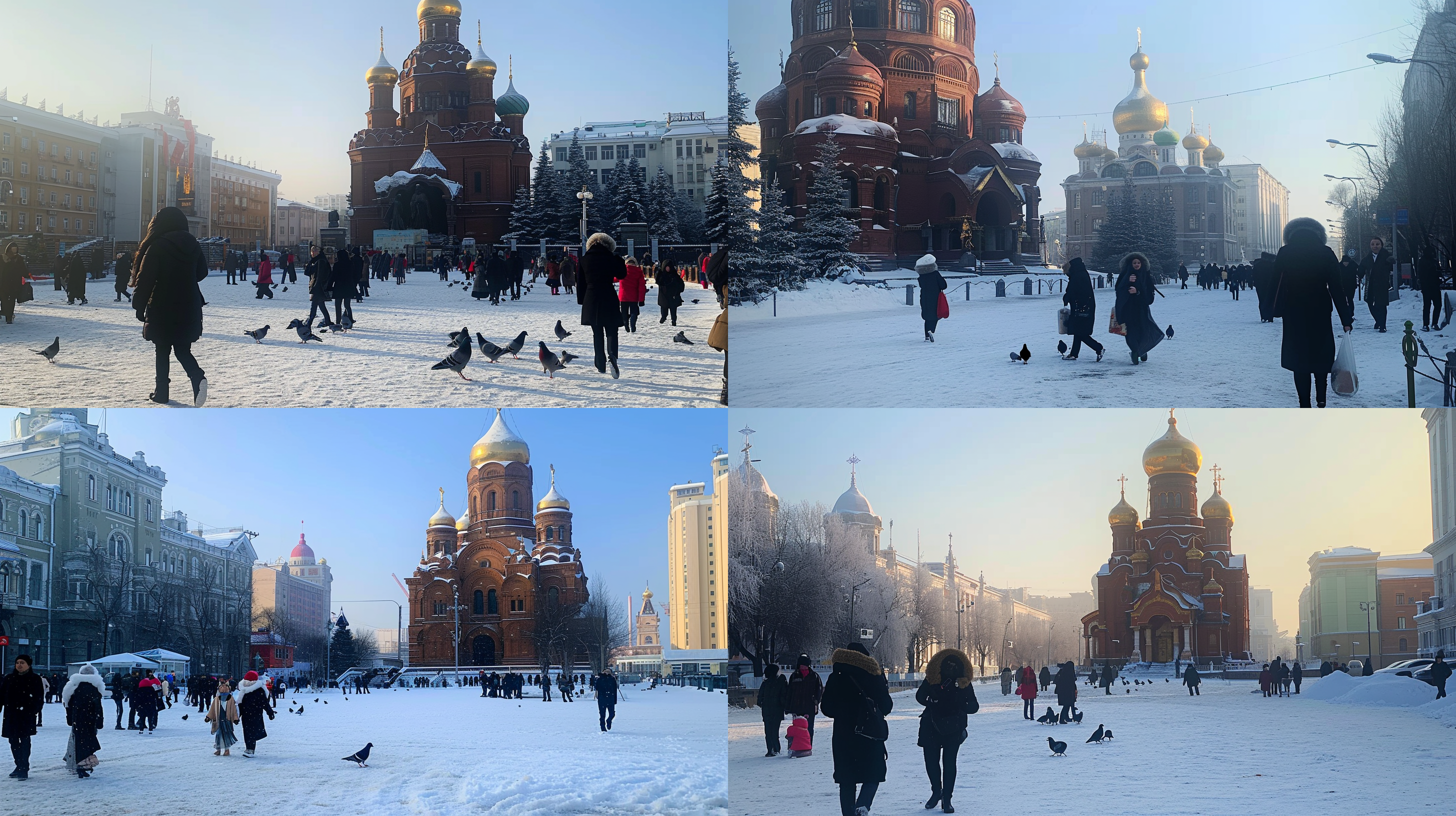 冬日的哈尔滨的白天美景，增加些鸽子