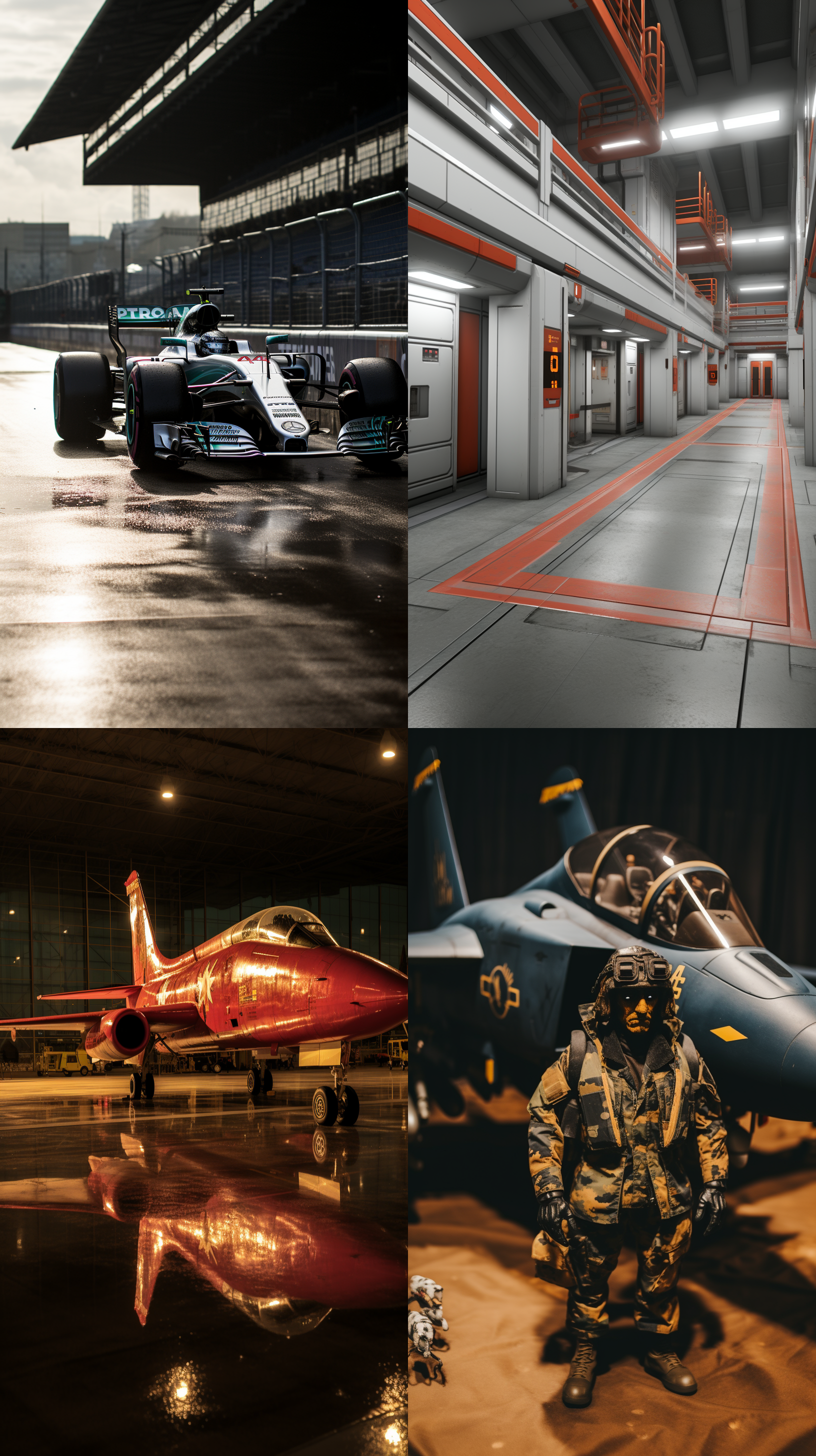 停机库，战斗机群，奔驰方程式赛车，45度角拍摄，超真实，丁达尔光线 ，超现实，超细节，4k画质