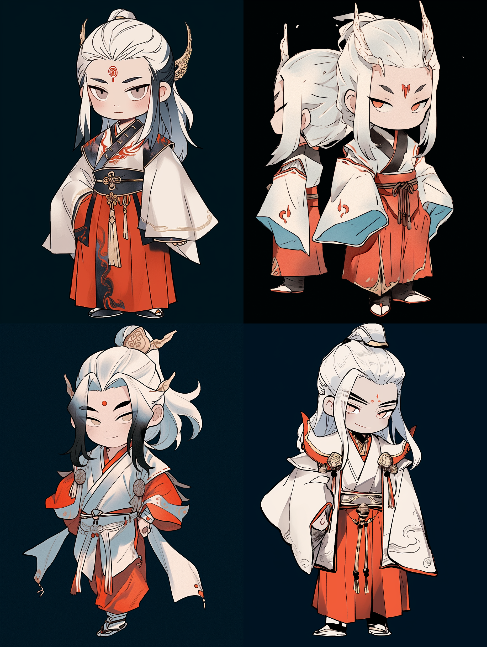 卡通风格，q版角色，水墨质感，一个小男孩，蓝色衣服，侠客，中国古代的服装，全身，纯色背景，两头身比例，简单，简约轮廓描边。