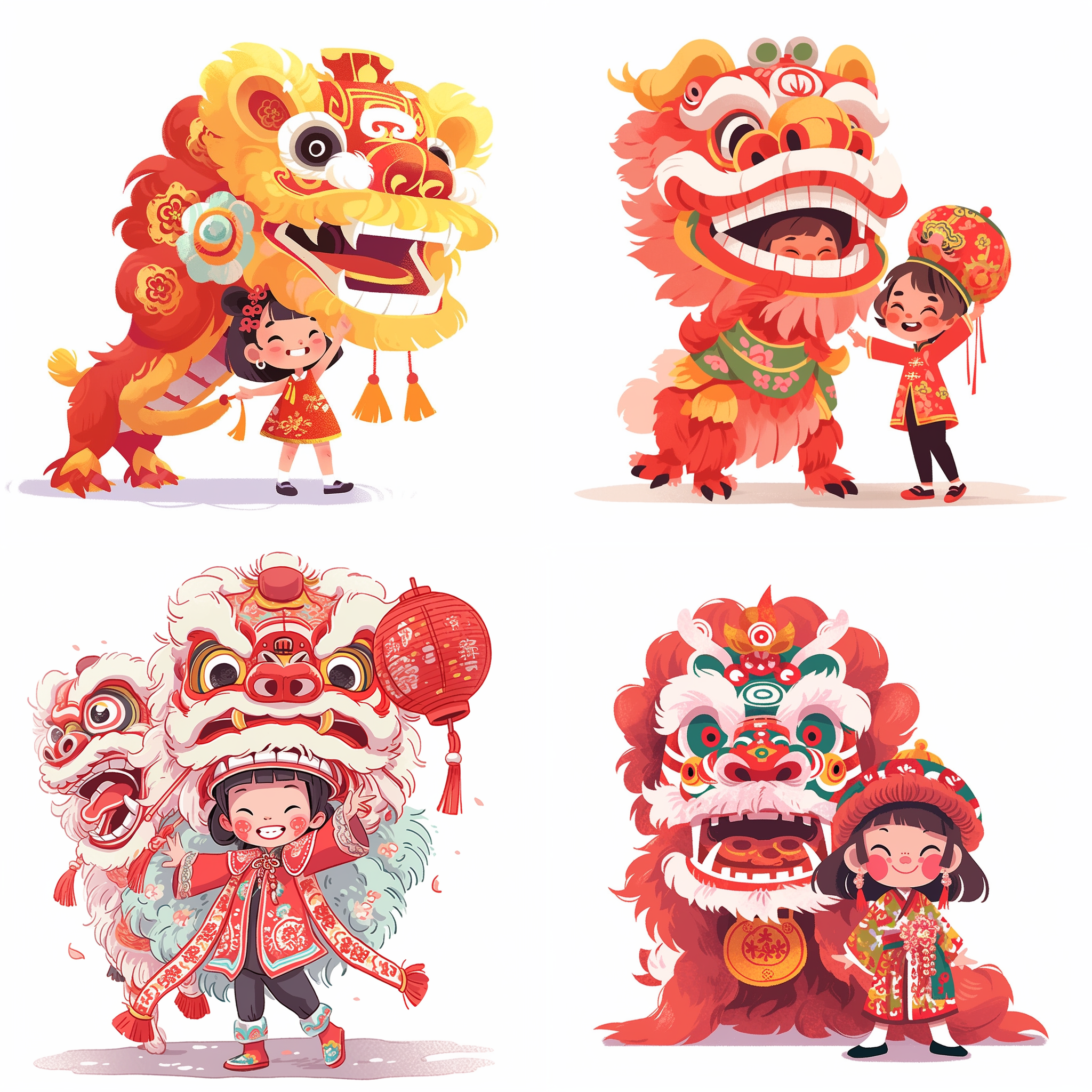 古代中国小女孩，穿着旗袍，头上戴着狮子帽子，身后有一位舞狮舞者。传统中国版画，雕塑艺术，颜色搭配，木刻版风格，扁平卡通矢量插图风格，扁平插图，白色背景，3k分辨率，3:4的宽高比，250秒快门速度。