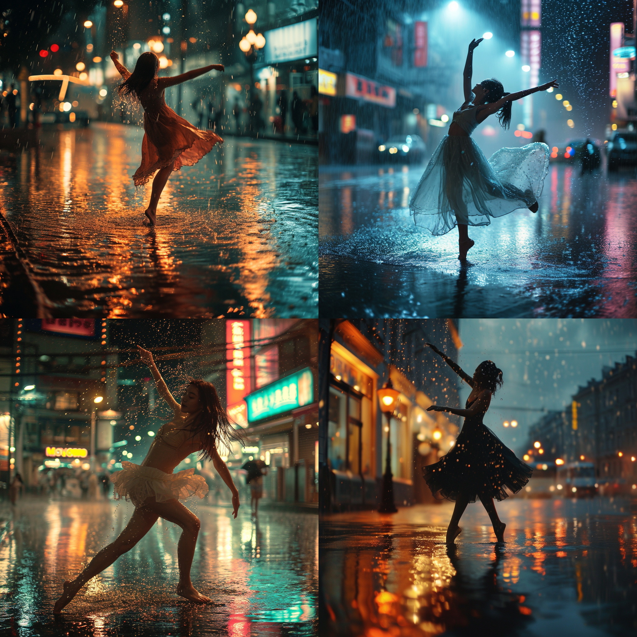 女孩在雨中跳芭蕾，姿势优雅，背景是雨水弥漫的城市街道。画面采用高速快门，捕捉到雨滴溅起的水花和女孩优美的舞姿。色调偏向冷色调，突出雨天的凄凉与女孩的孤独。广角镜头拉近了观众与女孩之间的距离，让人感受到她的热情与坚韧。优雅，雨滴，高速快门，冷色调，广角镜头，舞姿，孤独。