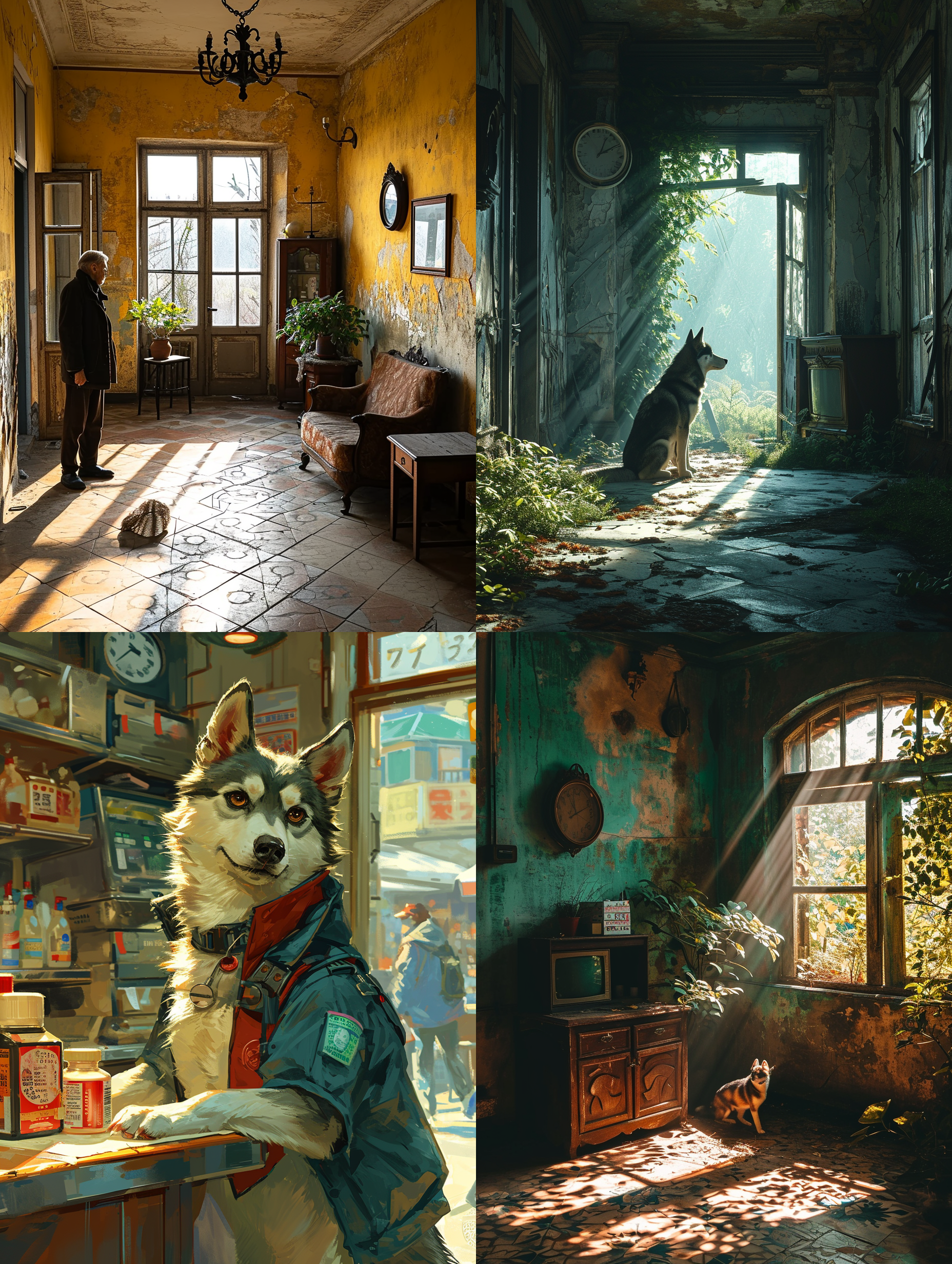 乡下的老房子里，聪明的哈士奇狗在叼着一盒药送到老人面前，简朴的老房子，老坐钟，老旧的电视，老旧的家具，专业人文摄影，徕卡相机专业摄影，光束从窗外照在老人身上，野外真实光线，超写实，现实风格，8k超高清画质