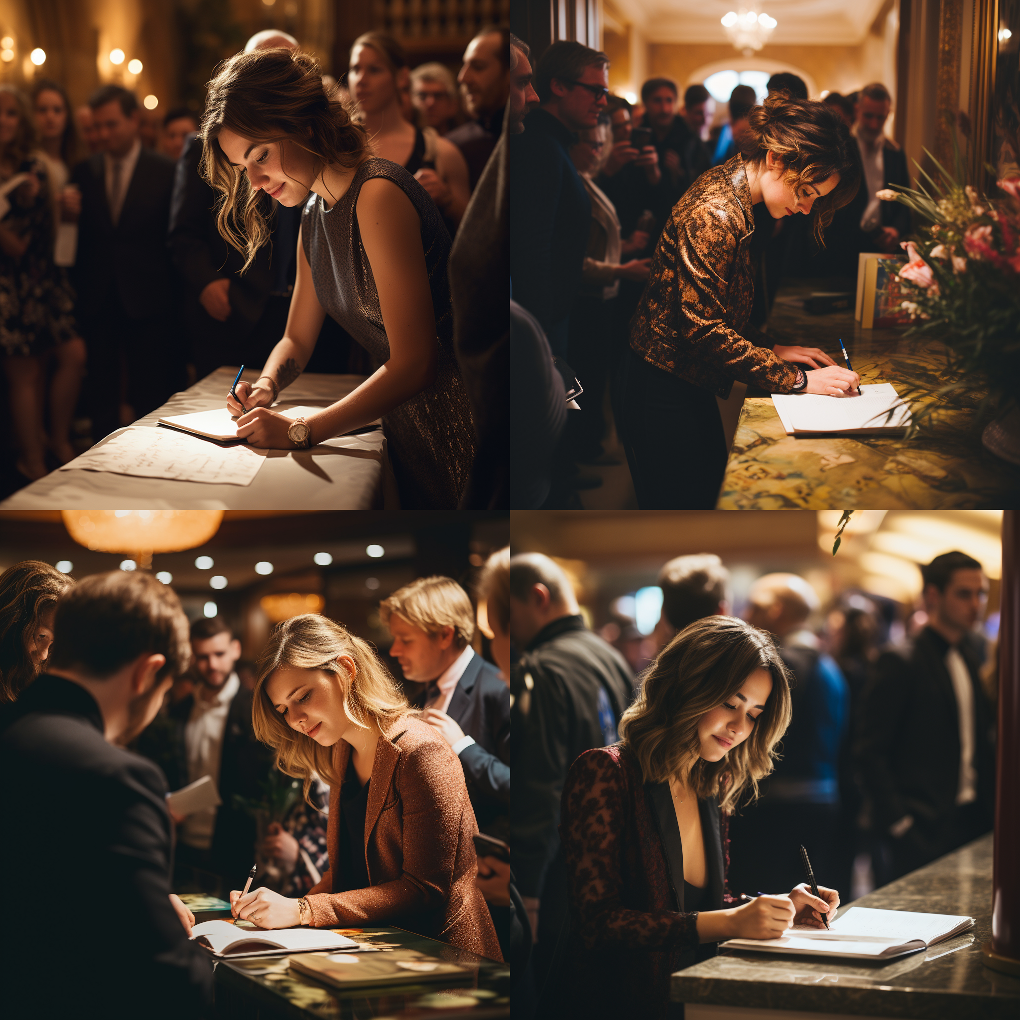 女作家签书，她在华丽酒店内签收，读者排长队等签名。高光时刻，室内环境，人群拥挤，签名动作，书籍特写，闪光灯，喜悦，明亮色调，细节丰富。