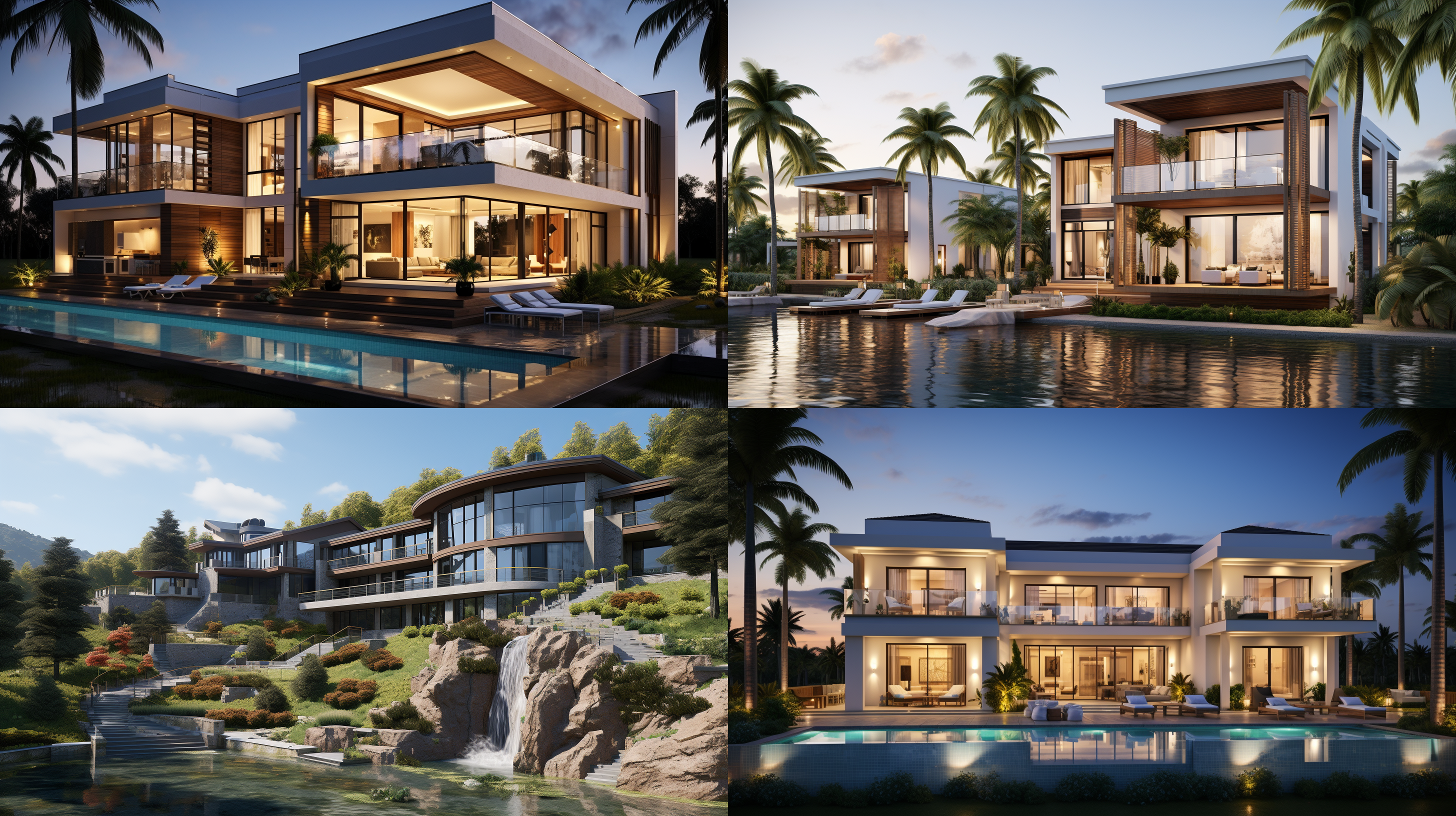 设计一栋依山傍水的别墅，现代风格，面积要大，功能要多