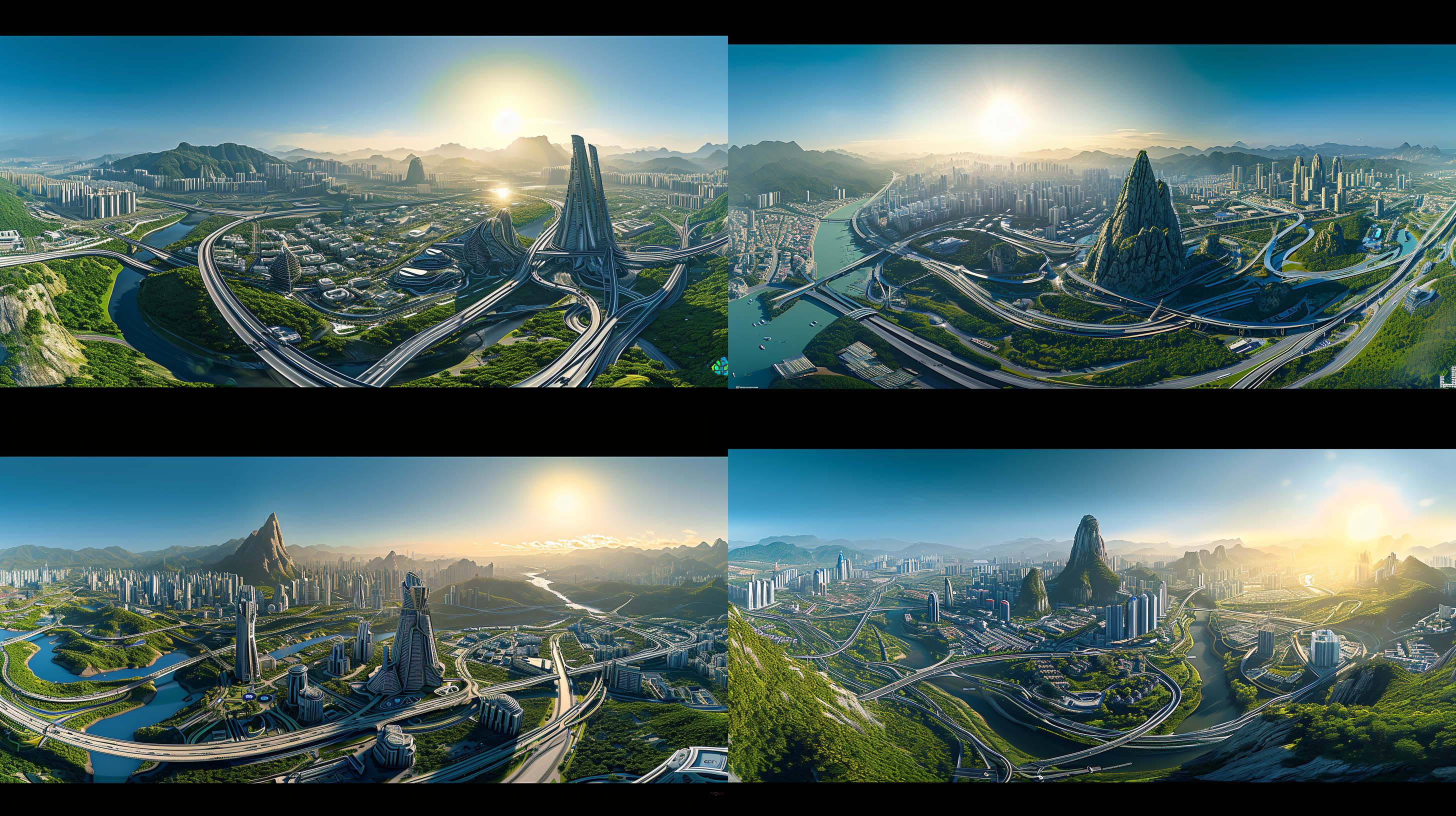 以此参考图生成一个未来感的超级科幻未来大城市，河流，山川，群峰，森林，超级高速立交桥系统，科幻感的cbd商业中心，别墅群，科幻感的主题公园，徕卡专业航拍全景摄影，2：1的高空航拍720度全景，场景宏大壮观，8k超高清画质，色彩层次丰富，细节丰富，