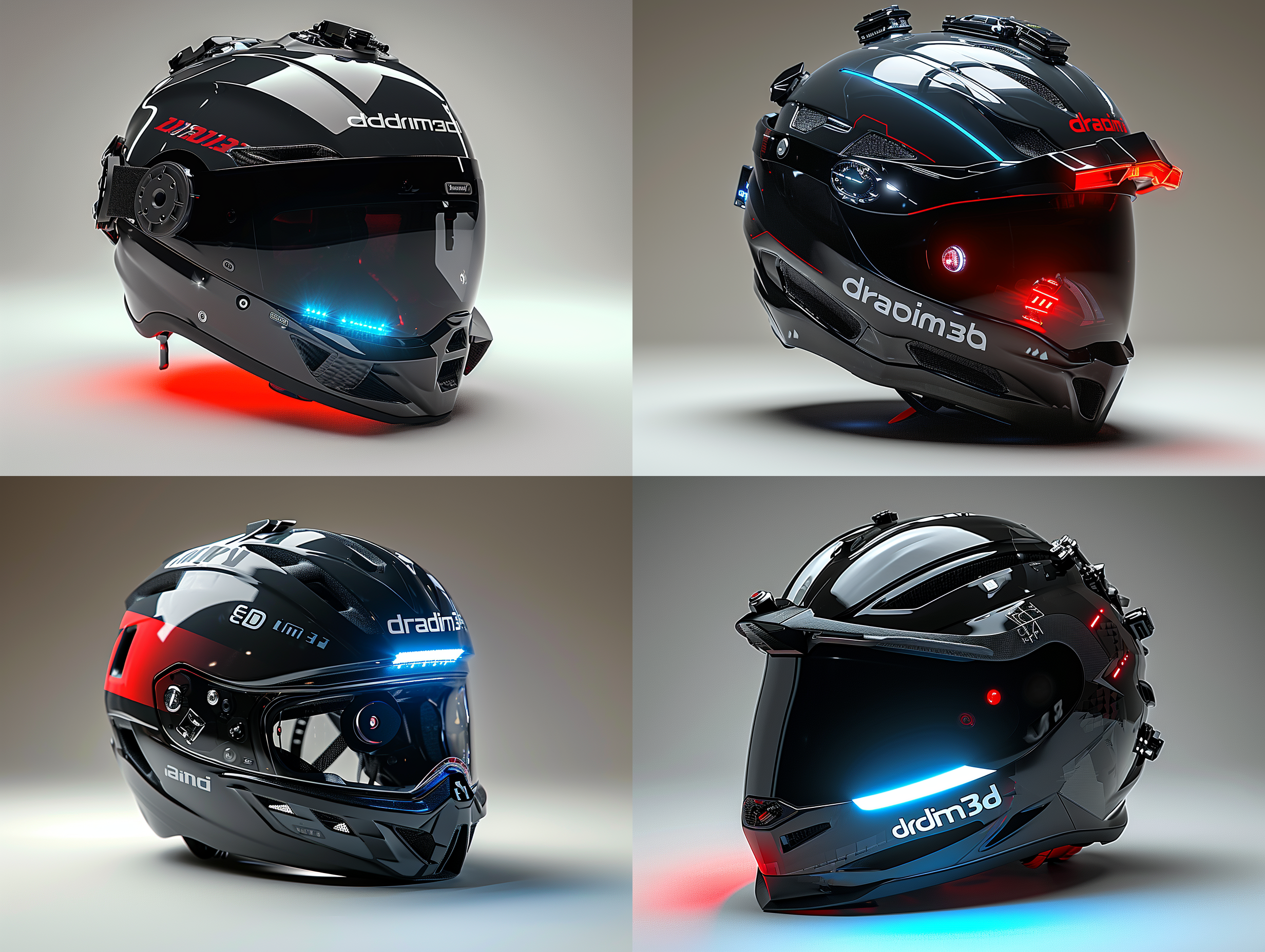 生成一款高端智能骑行头盔，满满的科技感，和科幻感，带有ar空气智能投影运动影像和数据的功能，并能与智能运动手表进行数据传送显示，用于显示，感应测量记录运动数据，头盔前部醒目的“dradim3d"商标字样，头盔为黑，红，蓝三色搭配，十足的高端头盔材质，前卫概念设计，符合人体工学和科技美学，徕卡专业产品摄影，8k超高清画质，专业产品摄影棚环境，专业产品摄影灯光，生成可分层处理的psd格式，色彩饱和，细节层次丰富 