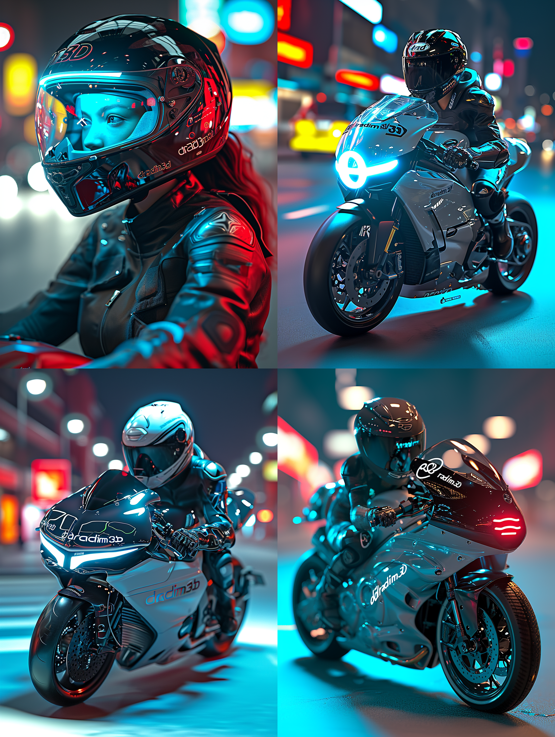 一位美女职业骑手骑着具有极具科技感和未来感的电动摩托飞驰在未来感的超级大城市的街道上，戴着有科技感和科幻感的ar智能头盔，头部前面呈现智能投影的导航画面和数据图，要有摩托和头盔上有"dradim3d"logo标志，8k超高清画质，画面极具运动感，画面色彩丰富，科技感强烈，科技美学，画面右下角打上“dradim3d"logo水印标记
